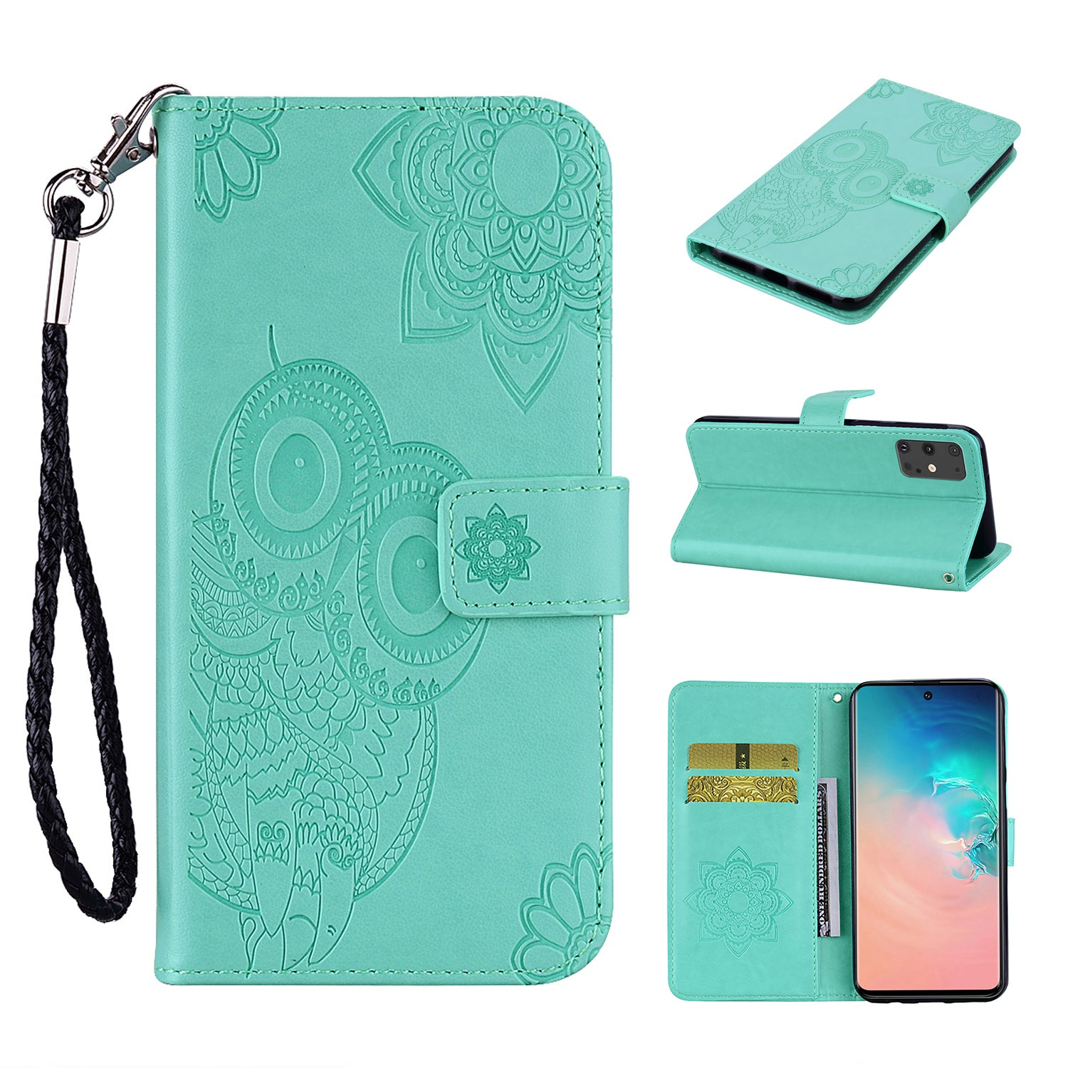 Imprint Flower Owl Pattern Leather Wallet Stand Phone Case Shell for Samsung Galaxy S20 Plus / S20 Plus 5G - Cyan