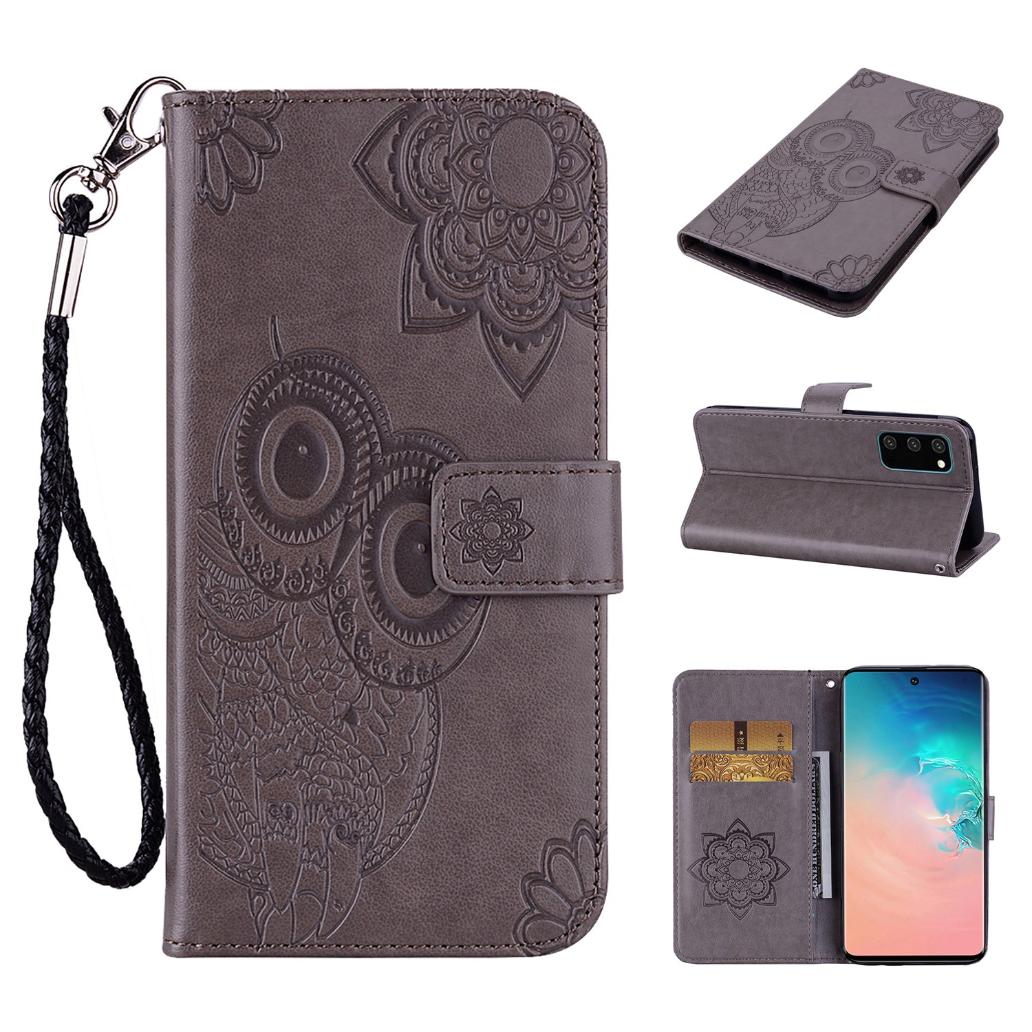 Imprint Owl Flower Pattern Leather Wallet Stand Phone Cover Shell for Samsung Galaxy S20 4G/S20 5G - Grey