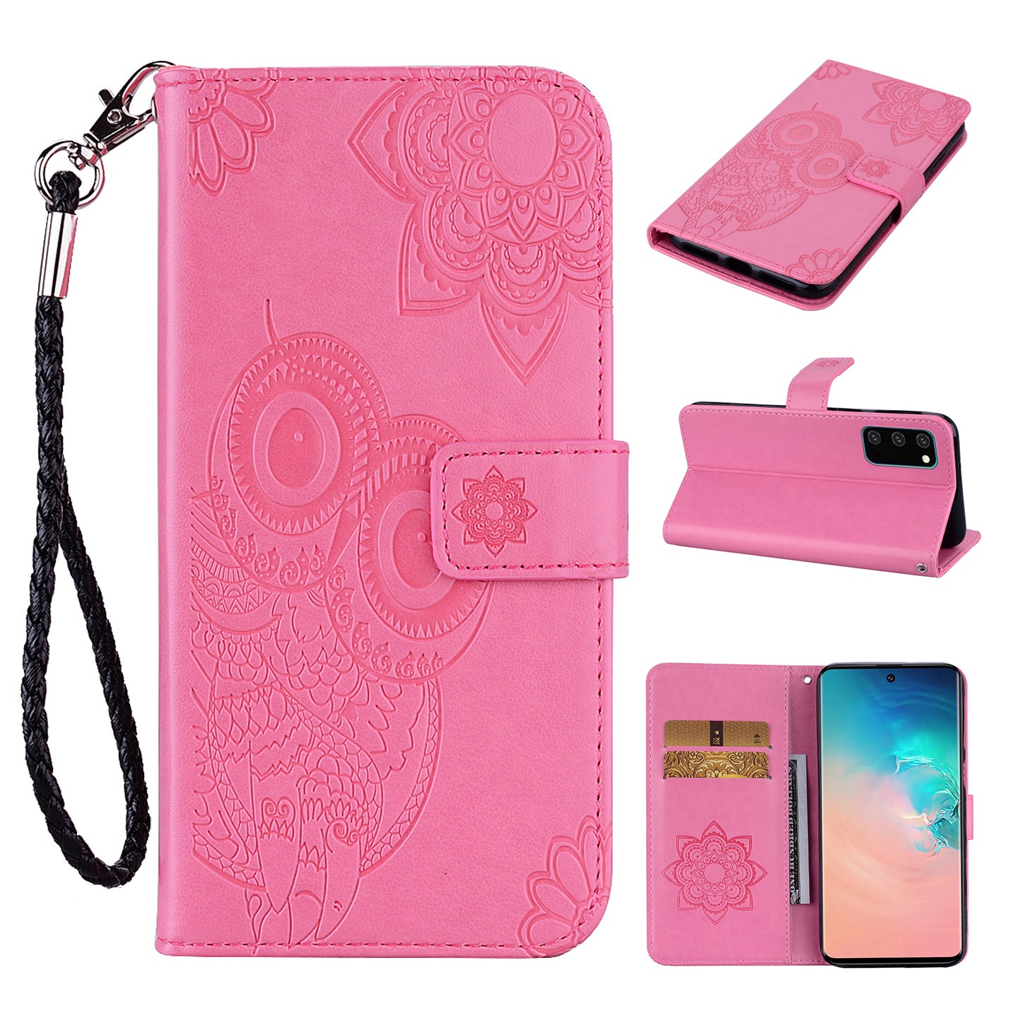 Imprint Owl Flower Pattern Leather Wallet Stand Phone Cover Shell for Samsung Galaxy S20 4G/S20 5G - Pink