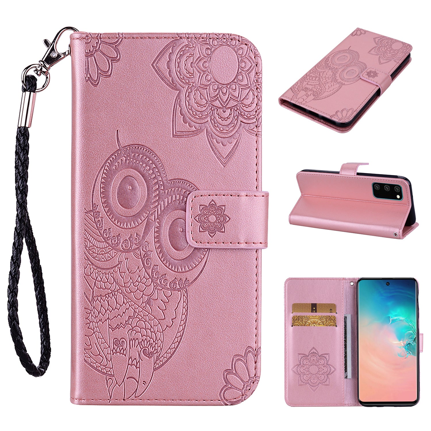 Imprint Owl Flower Pattern Leather Wallet Stand Phone Cover Shell for Samsung Galaxy S20 4G/S20 5G - Rose Gold