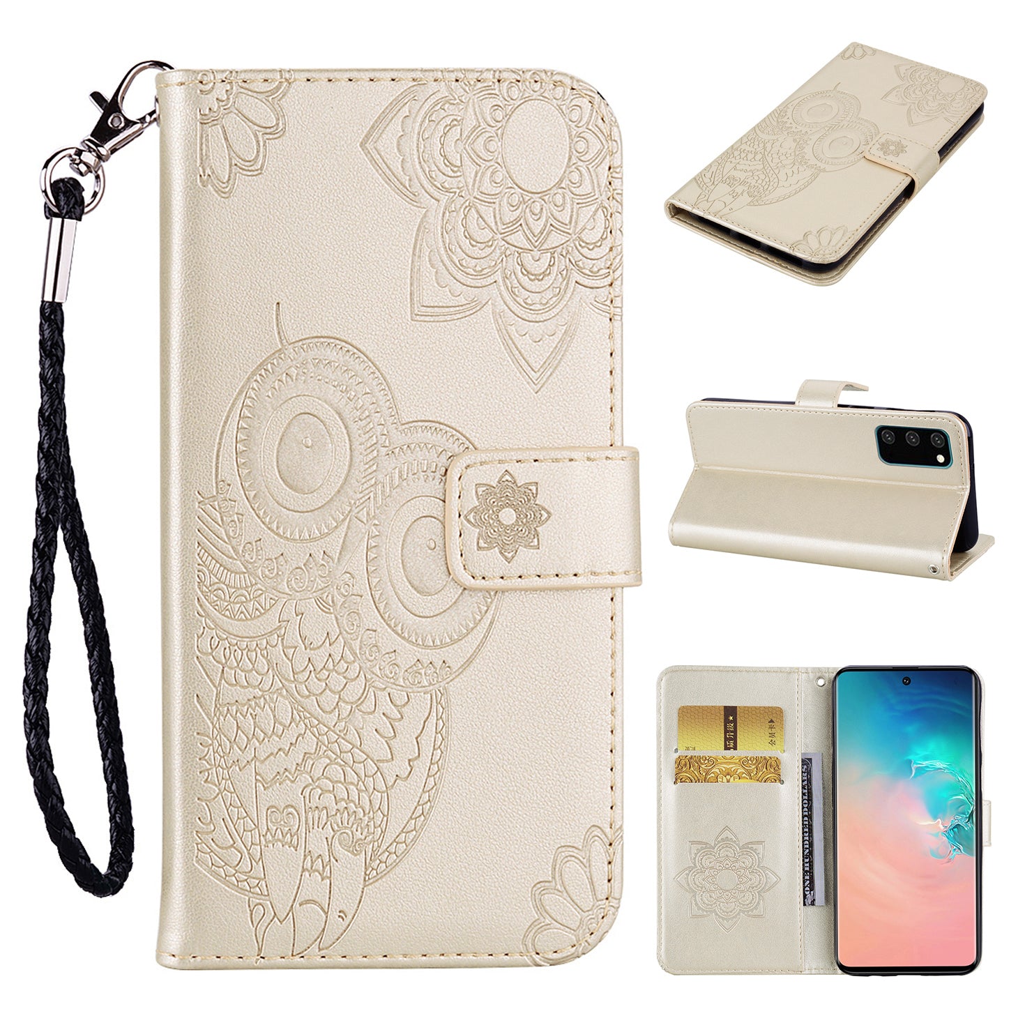 Imprint Owl Flower Pattern Leather Wallet Stand Phone Cover Shell for Samsung Galaxy S20 4G/S20 5G - Gold