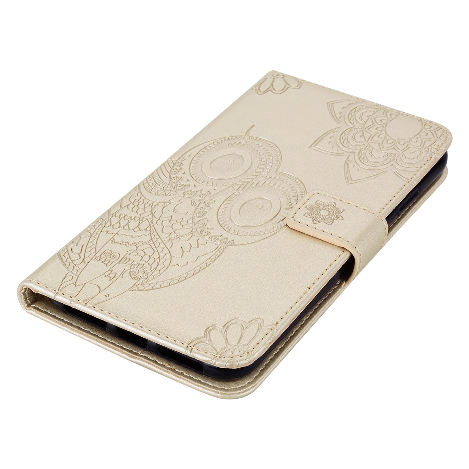 Imprint Owl Flower Pattern Leather Wallet Stand Phone Cover Shell for Samsung Galaxy S20 4G/S20 5G - Gold