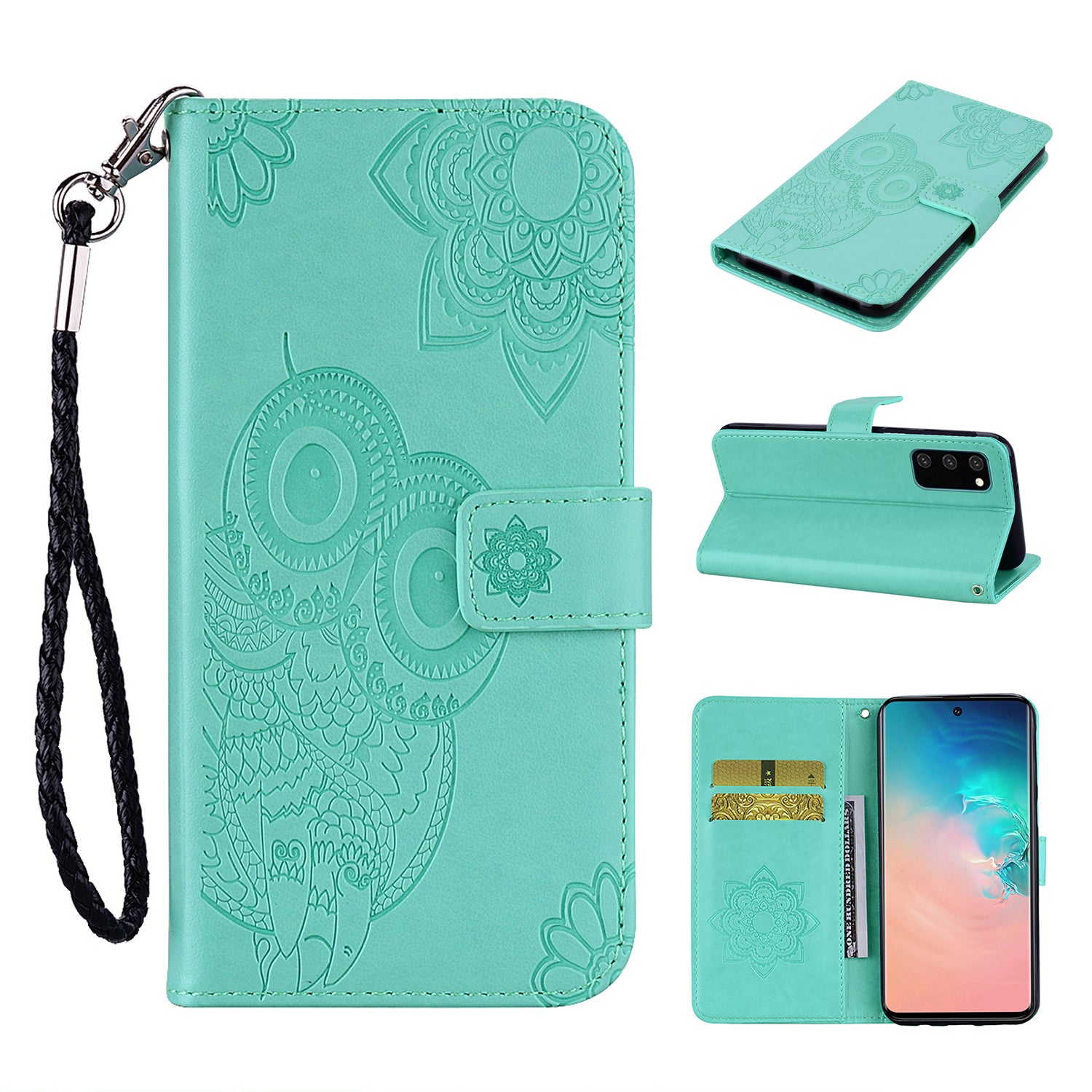 Imprint Owl Flower Pattern Leather Wallet Stand Phone Cover Shell for Samsung Galaxy S20 4G/S20 5G - Cyan