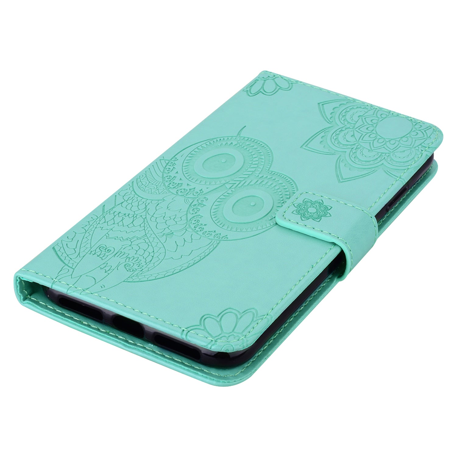 Imprint Owl Flower Pattern Leather Wallet Stand Phone Cover Shell for Samsung Galaxy S20 4G/S20 5G - Cyan