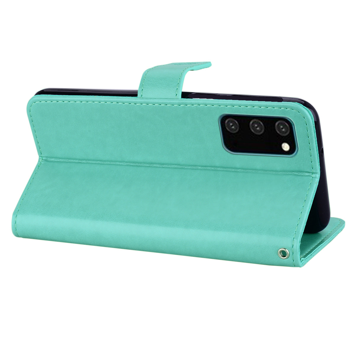 Imprint Owl Flower Pattern Leather Wallet Stand Phone Cover Shell for Samsung Galaxy S20 4G/S20 5G - Cyan