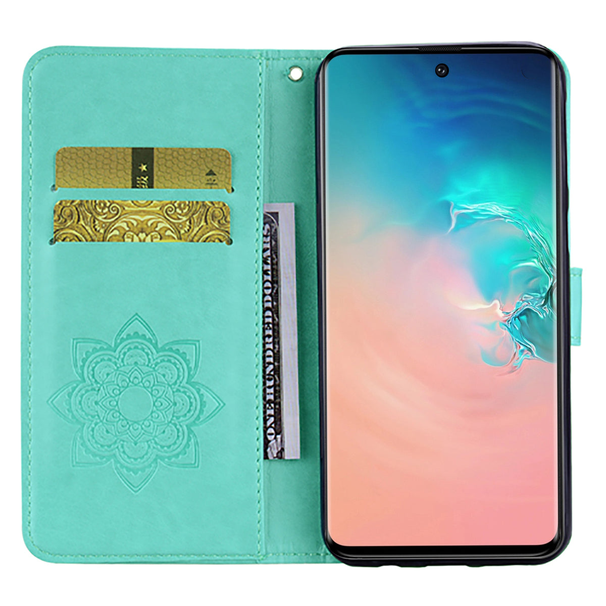 Imprint Owl Flower Pattern Leather Wallet Stand Phone Cover Shell for Samsung Galaxy S20 4G/S20 5G - Cyan