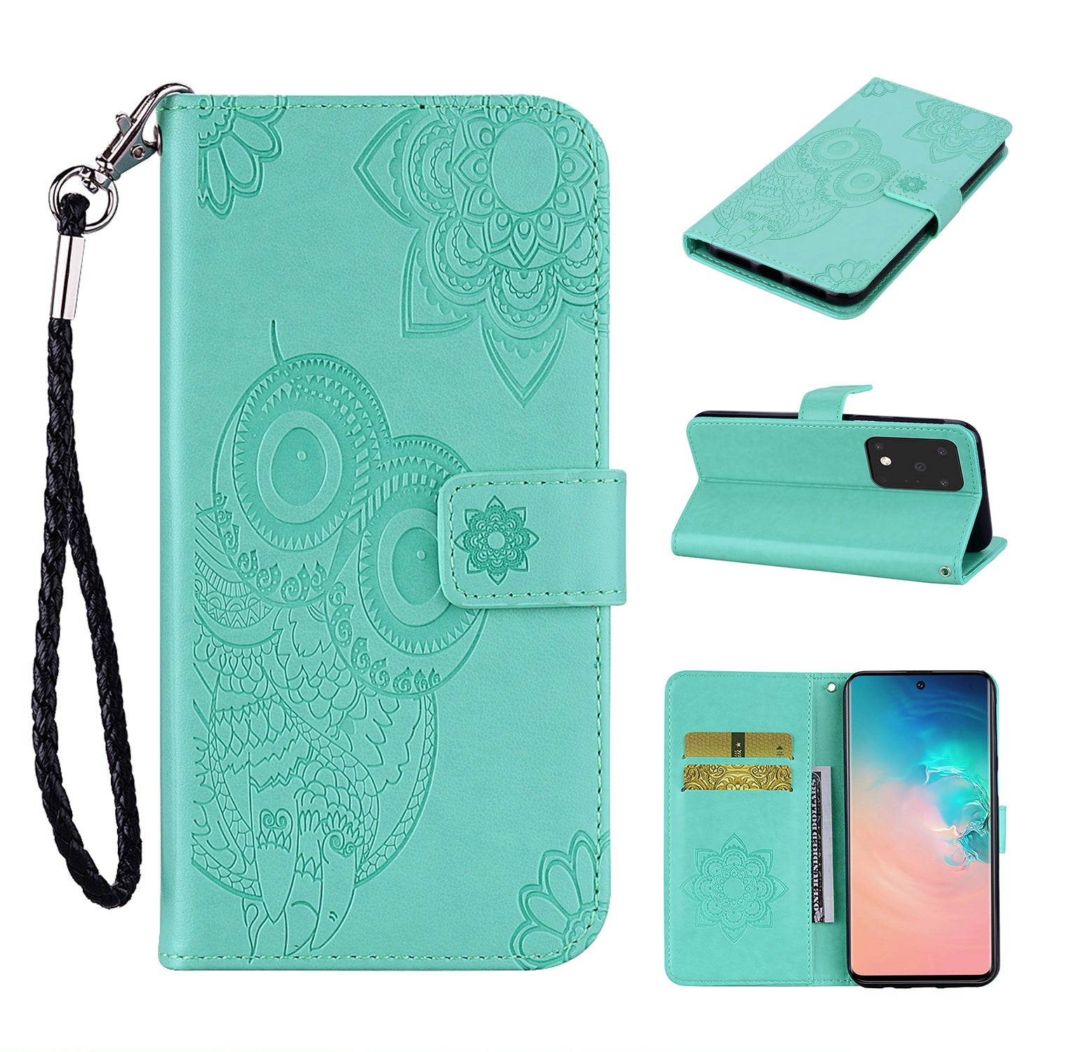 Imprint Owl Flower Pattern Leather Wallet Stand Phone Cover Shell for Samsung Galaxy S20 Ultra - Cyan