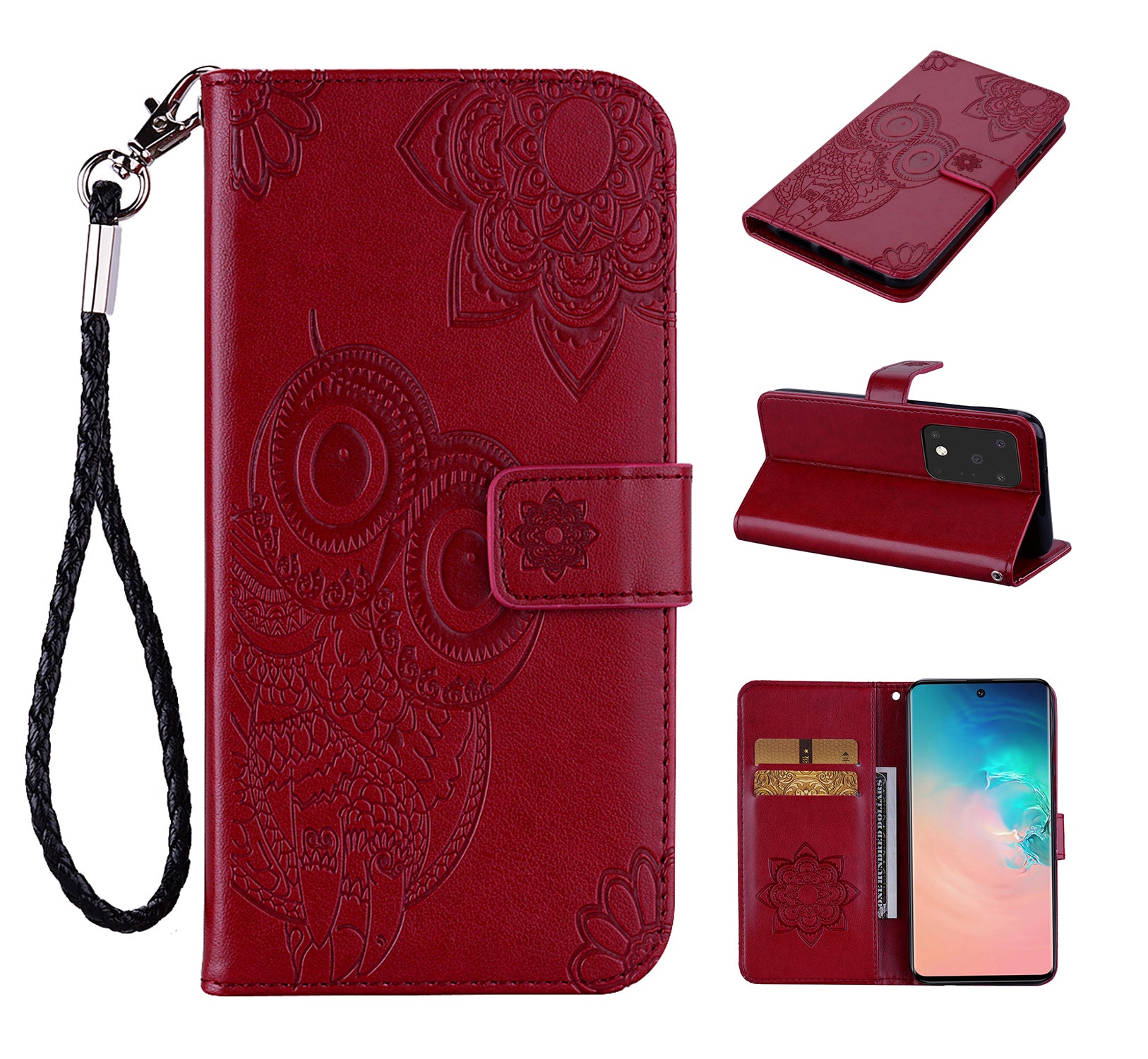 Imprint Owl Flower Pattern Leather Wallet Stand Phone Cover Shell for Samsung Galaxy S20 Ultra - Red