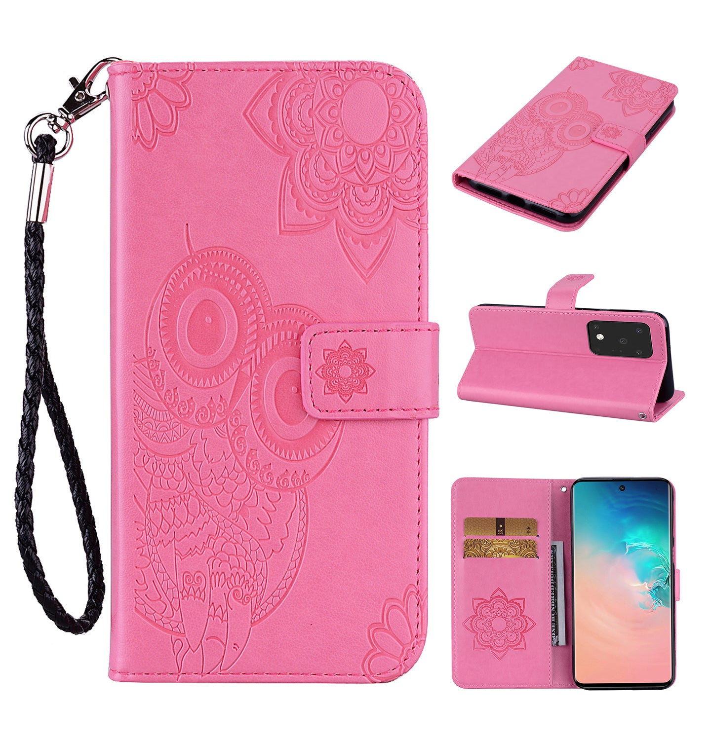 Imprint Owl Flower Pattern Leather Wallet Stand Phone Cover Shell for Samsung Galaxy S20 Ultra - Pink