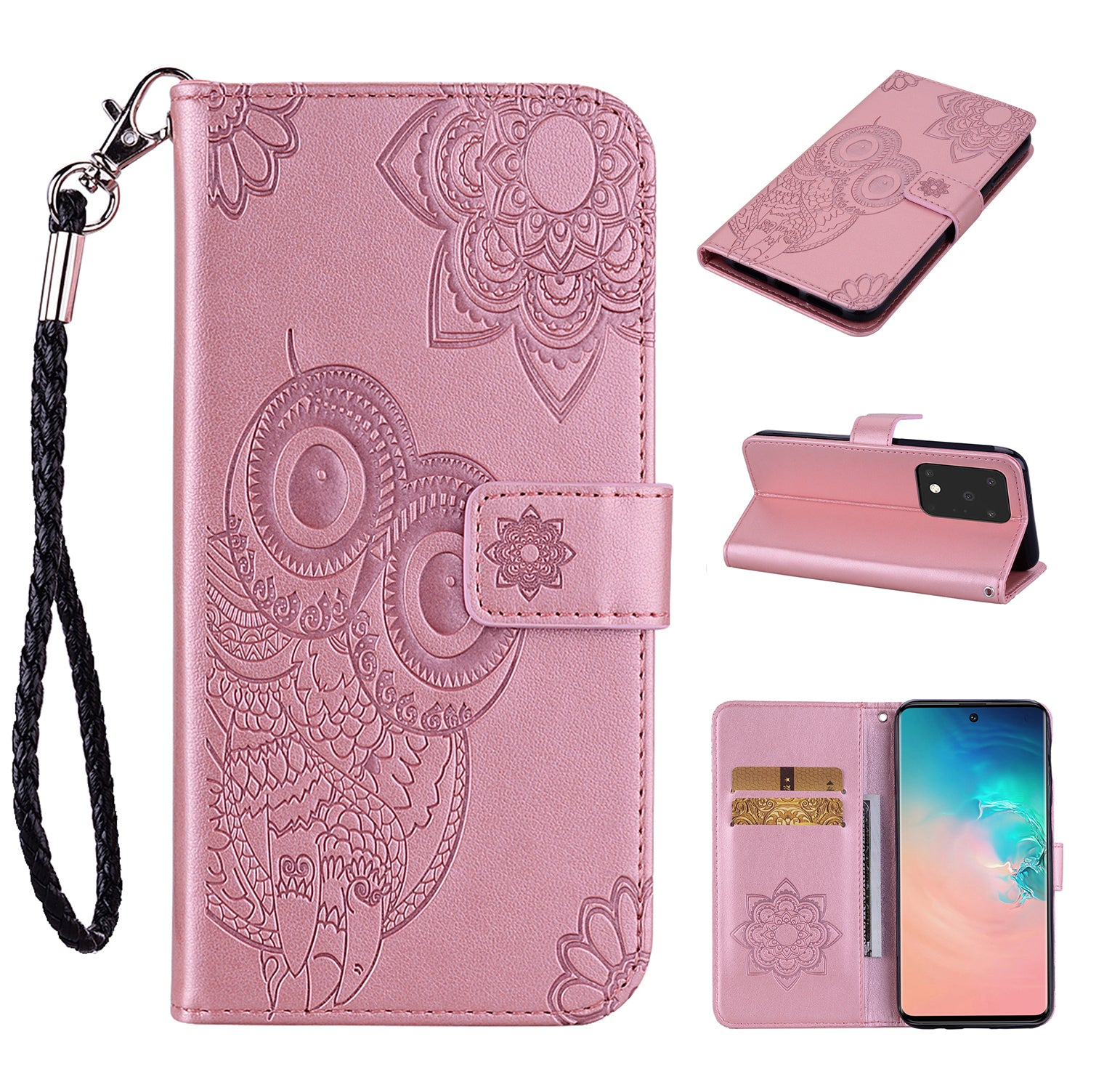 Imprint Owl Flower Pattern Leather Wallet Stand Phone Cover Shell for Samsung Galaxy S20 Ultra - Rose Gold