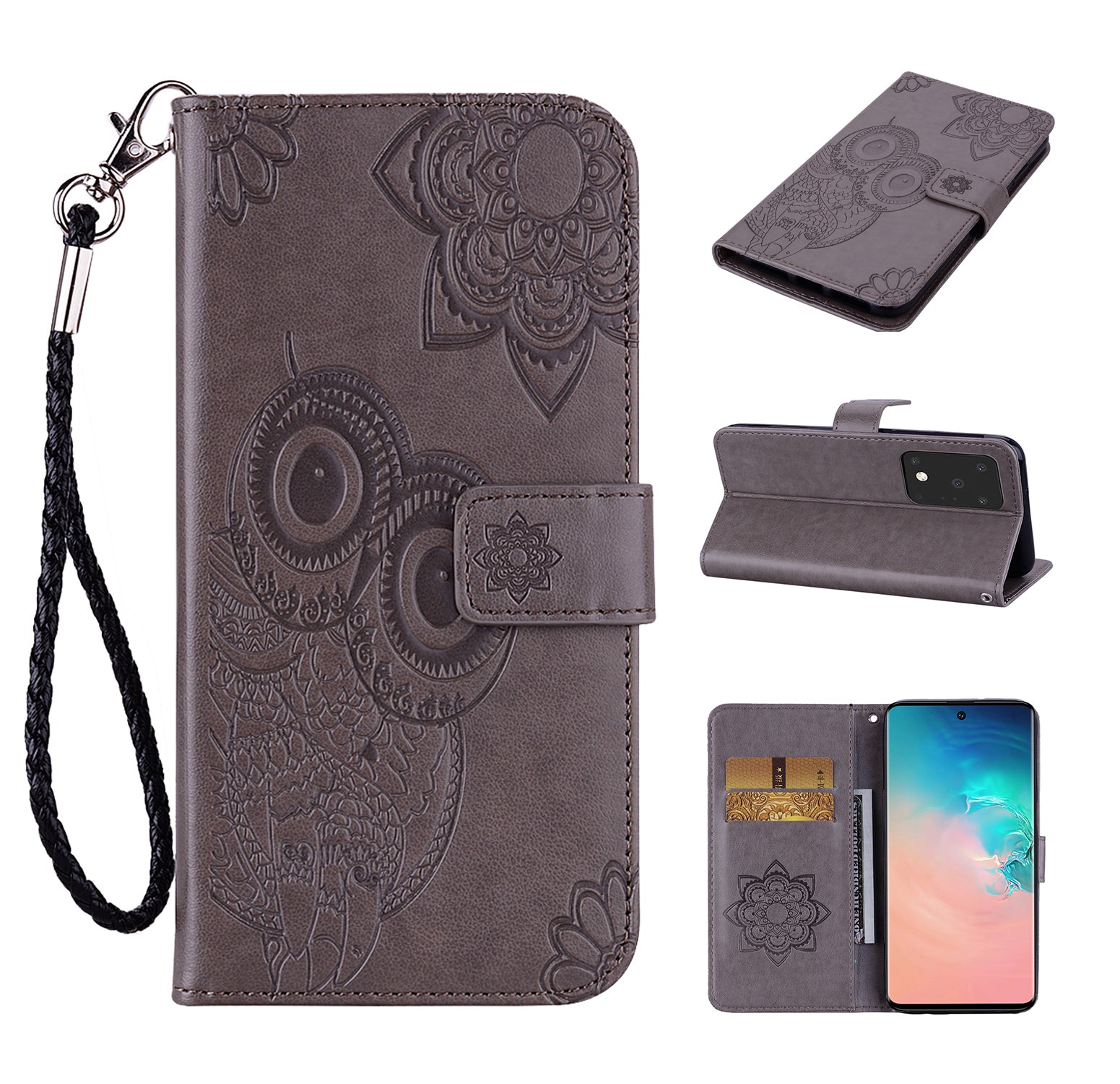 Imprint Owl Flower Pattern Leather Wallet Stand Phone Cover Shell for Samsung Galaxy S20 Ultra - Grey