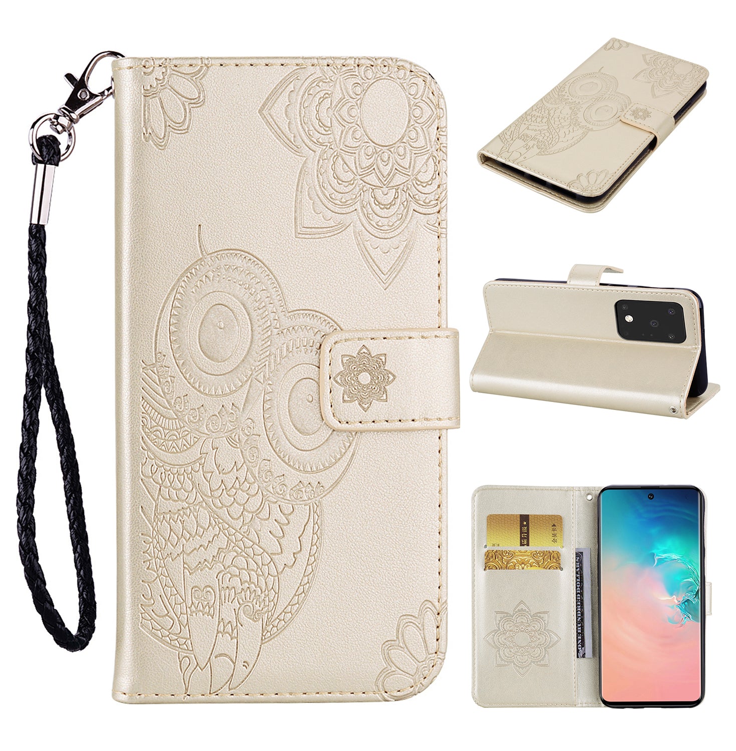 Imprint Owl Flower Pattern Leather Wallet Stand Phone Cover Shell for Samsung Galaxy S20 Ultra - Gold