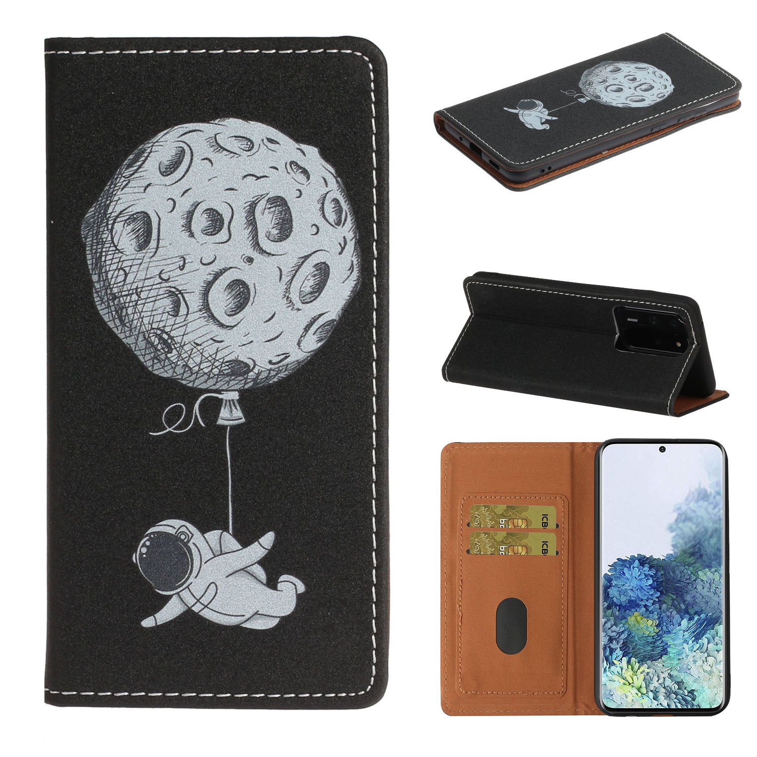 Stylish Pattern Printing Leather Stand Case with Card Slots Cover for Samsung Galaxy S20 Ultra - Spaceman