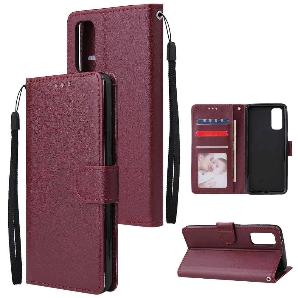 PU Leather Wallet Cell Phone Case with Lanyard Shell for Samsung Galaxy S20 4G/S20 5G - Wine Red