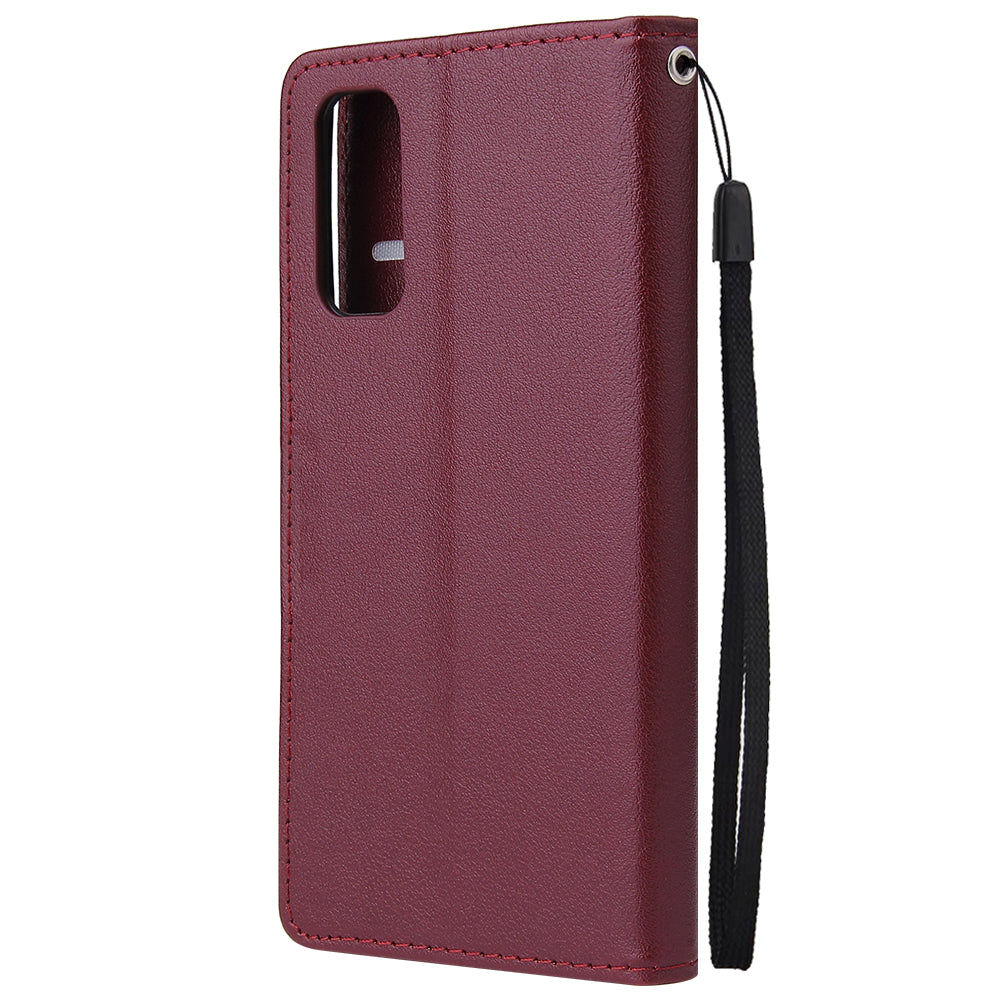 PU Leather Wallet Cell Phone Case with Lanyard Shell for Samsung Galaxy S20 4G/S20 5G - Wine Red