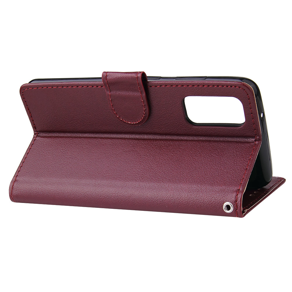 PU Leather Wallet Cell Phone Case with Lanyard Shell for Samsung Galaxy S20 4G/S20 5G - Wine Red