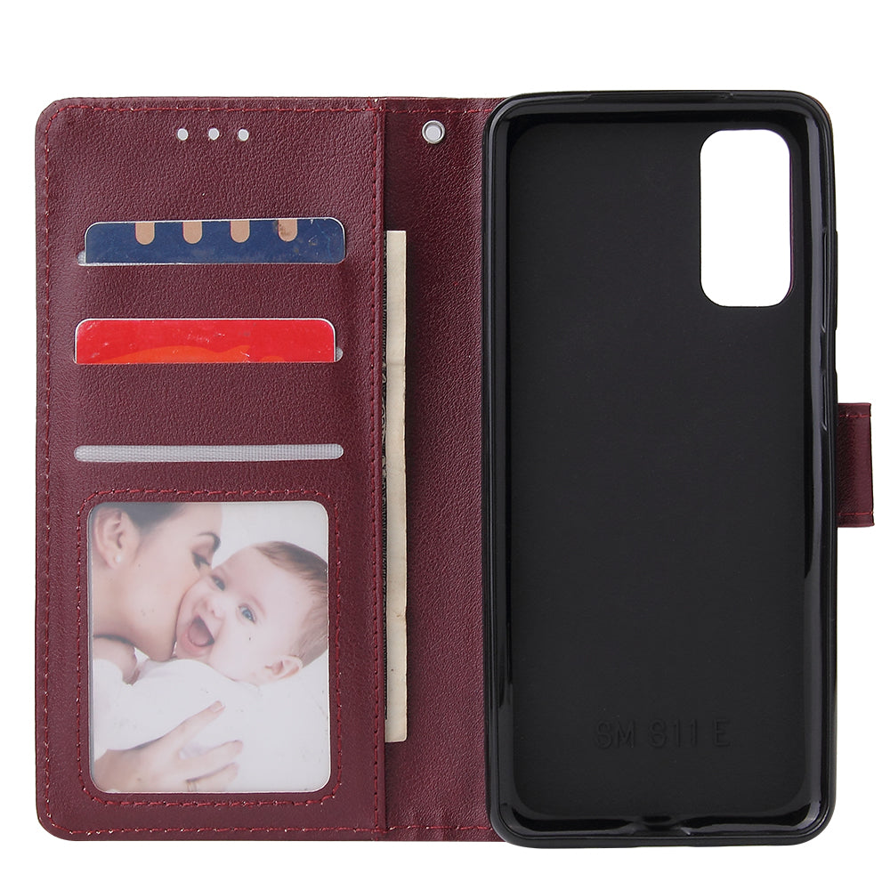 PU Leather Wallet Cell Phone Case with Lanyard Shell for Samsung Galaxy S20 4G/S20 5G - Wine Red