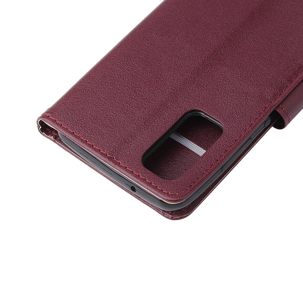 PU Leather Wallet Cell Phone Case with Lanyard Shell for Samsung Galaxy S20 4G/S20 5G - Wine Red