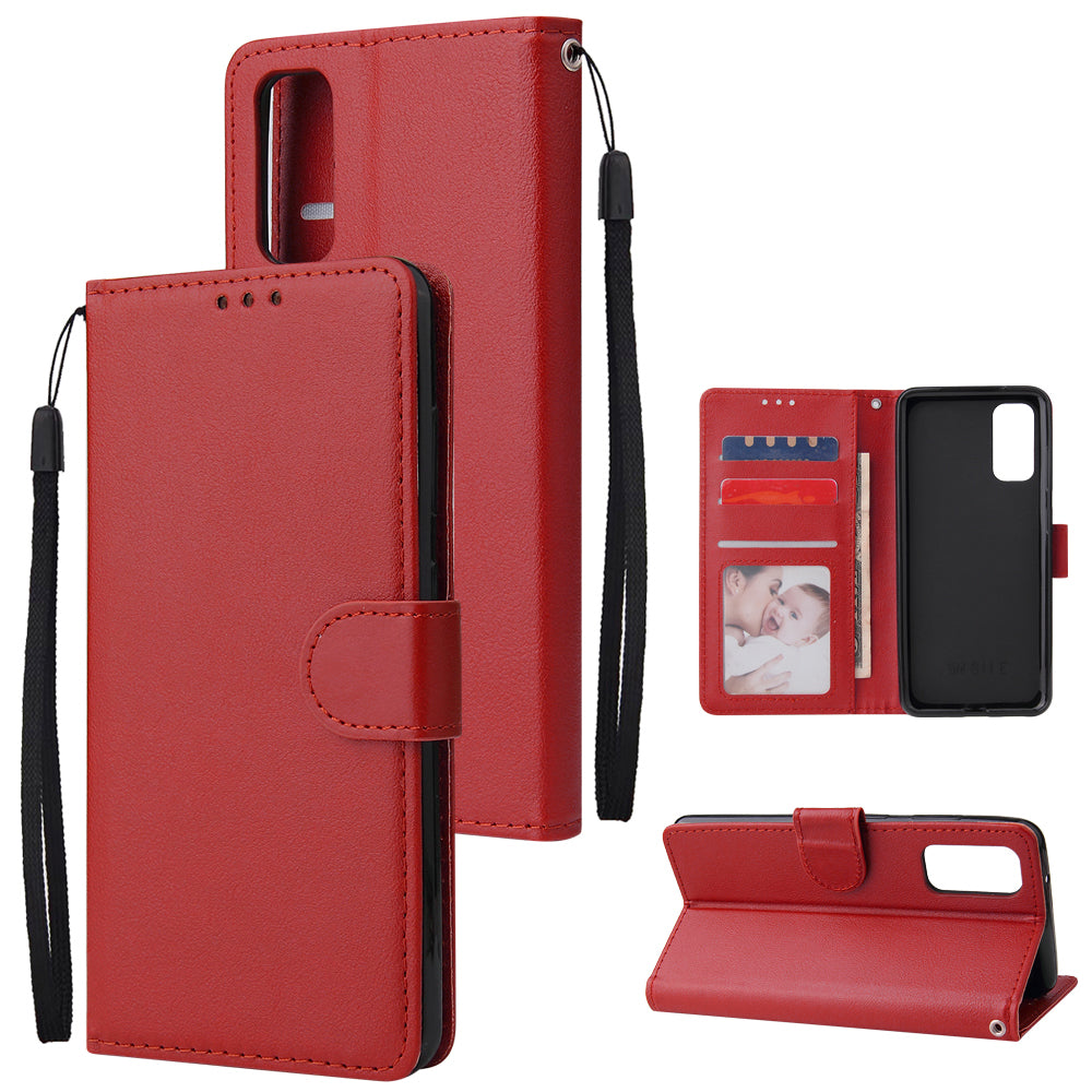 PU Leather Wallet Cell Phone Case with Lanyard Shell for Samsung Galaxy S20 4G/S20 5G - Red