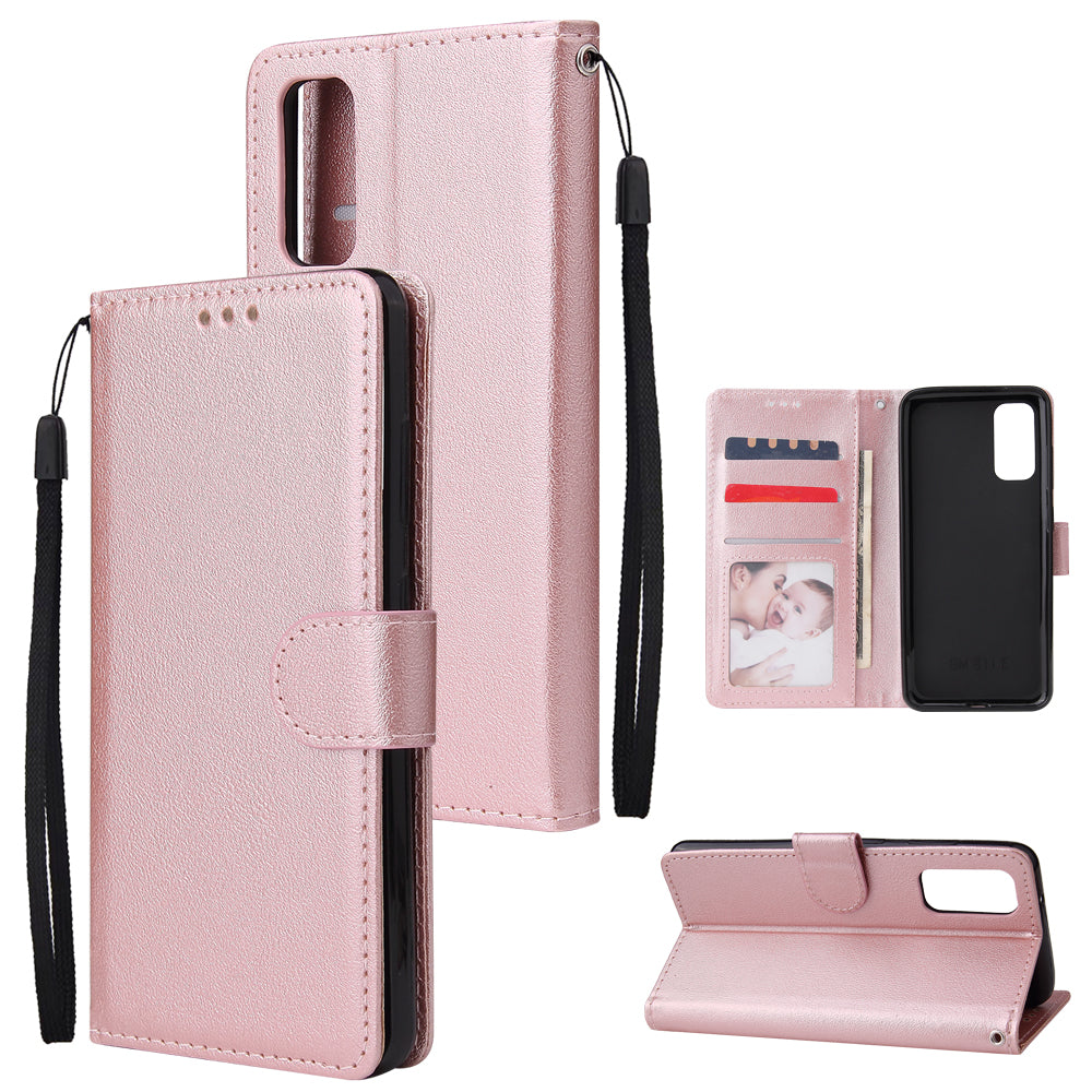 PU Leather Wallet Cell Phone Case with Lanyard Shell for Samsung Galaxy S20 4G/S20 5G - Rose Gold