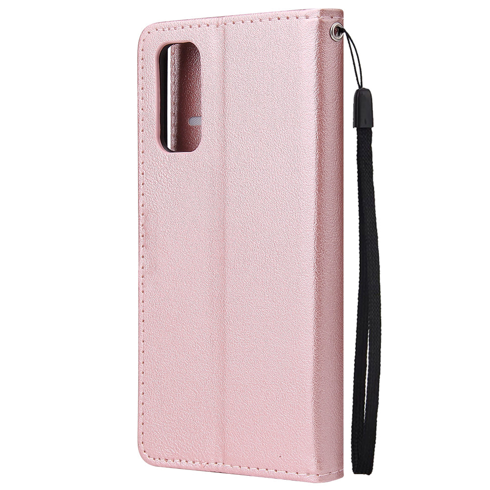 PU Leather Wallet Cell Phone Case with Lanyard Shell for Samsung Galaxy S20 4G/S20 5G - Rose Gold