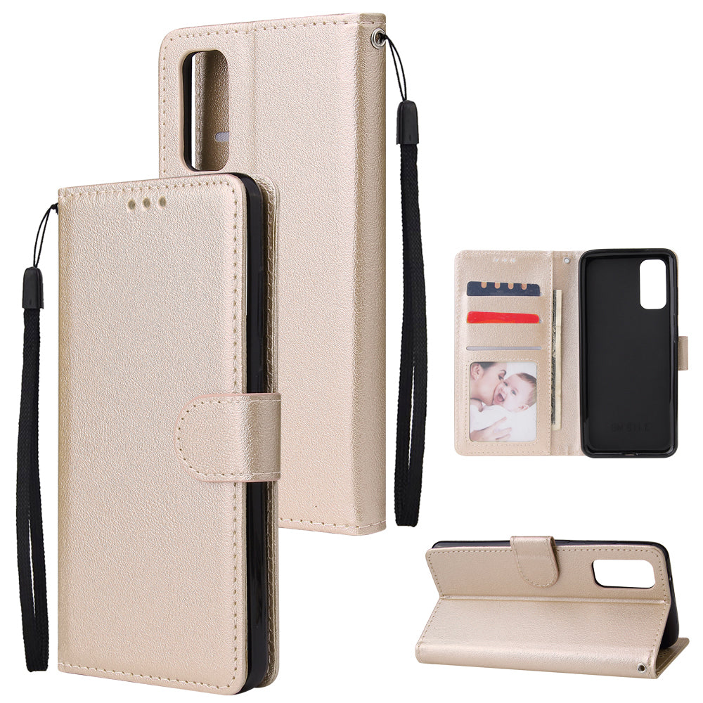 PU Leather Wallet Cell Phone Case with Lanyard Shell for Samsung Galaxy S20 4G/S20 5G - Gold