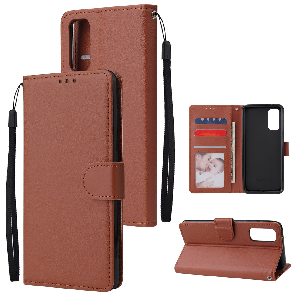 PU Leather Wallet Cell Phone Case with Lanyard Shell for Samsung Galaxy S20 4G/S20 5G - Brown