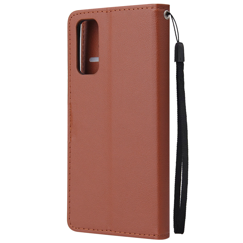 PU Leather Wallet Cell Phone Case with Lanyard Shell for Samsung Galaxy S20 4G/S20 5G - Brown