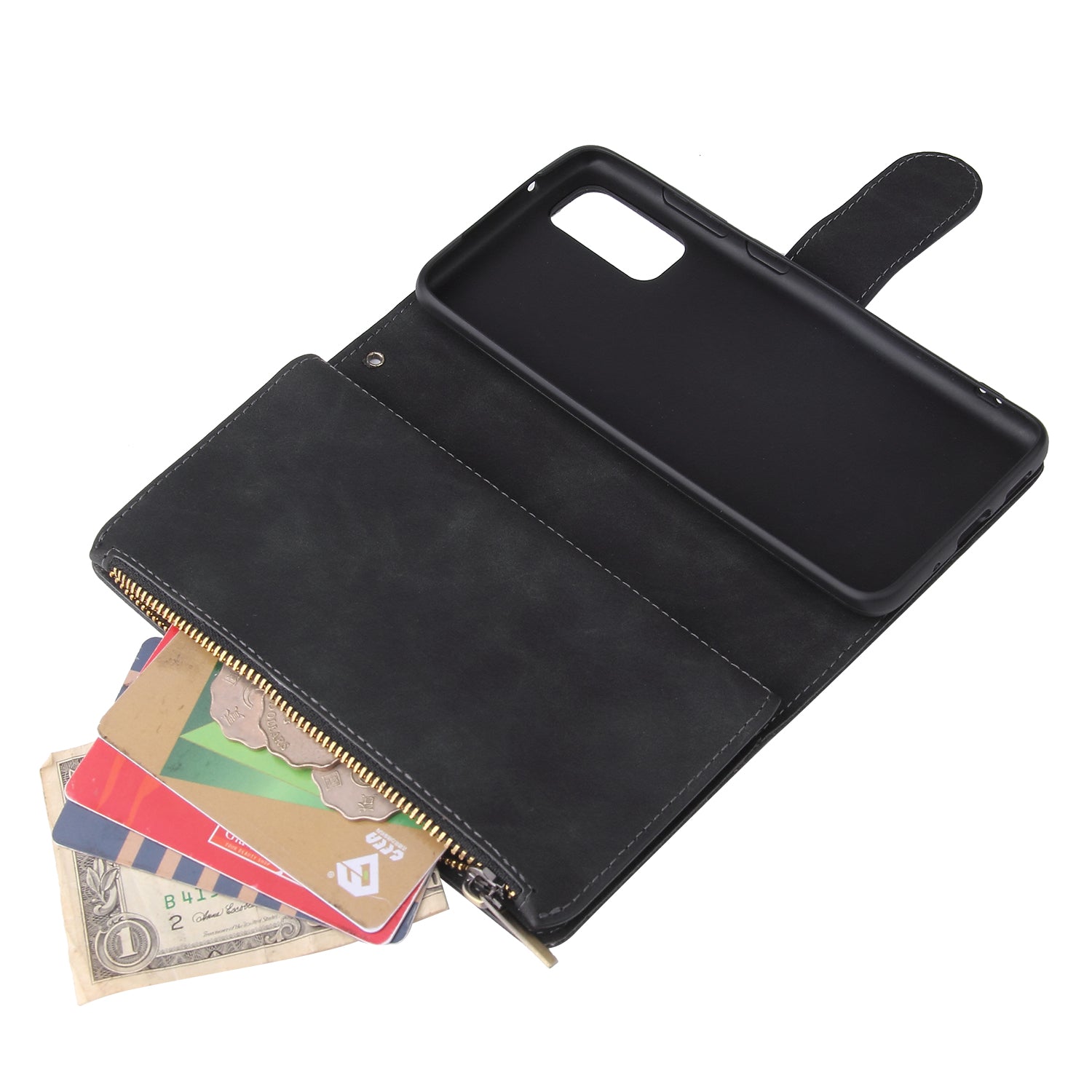 Zipper Pocket Multiple Card Slots Leather Stand Case for Samsung Galaxy S20 4G/S20 5G - Black