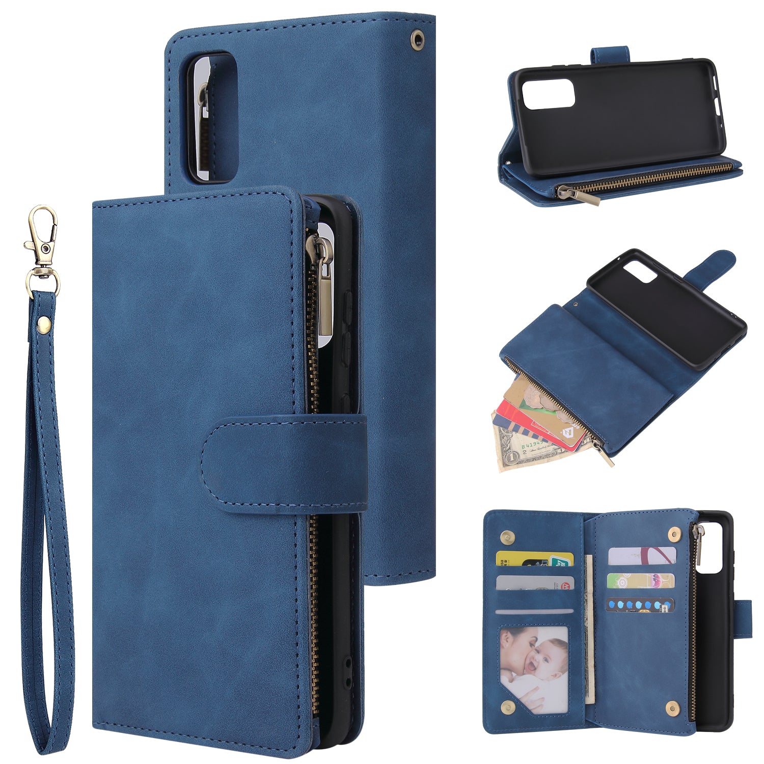 Zipper Pocket Multiple Card Slots Leather Stand Case for Samsung Galaxy S20 4G/S20 5G - Blue