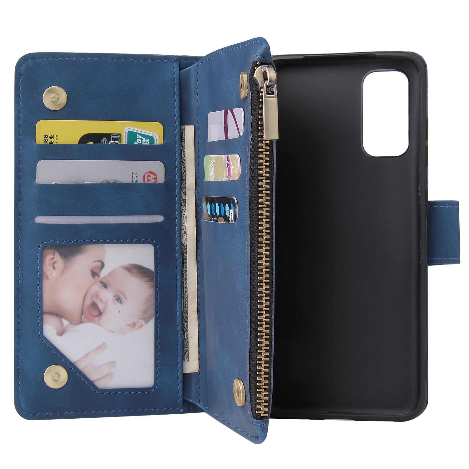 Zipper Pocket Multiple Card Slots Leather Stand Case for Samsung Galaxy S20 4G/S20 5G - Blue