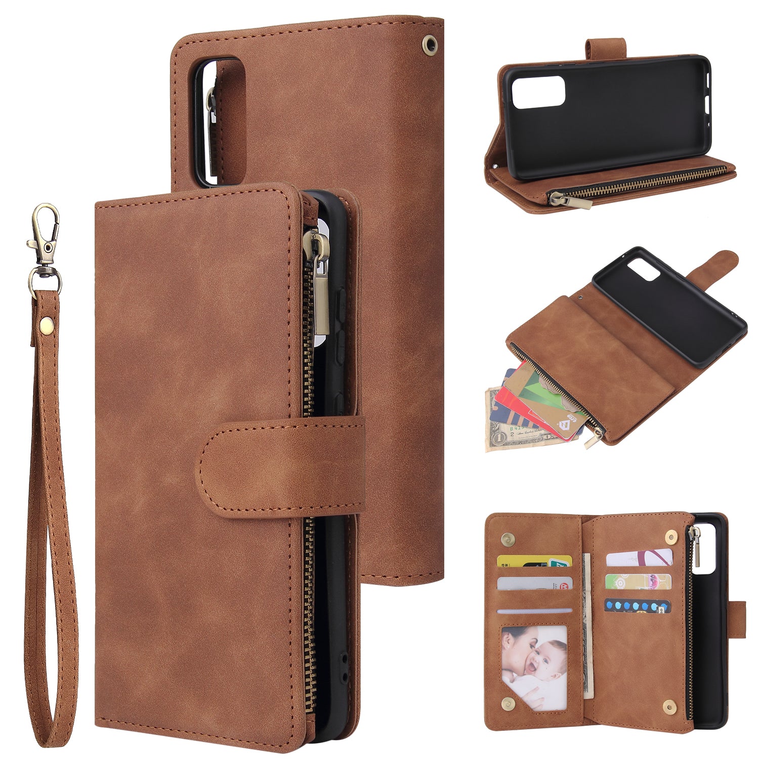 Zipper Pocket Multiple Card Slots Leather Stand Case for Samsung Galaxy S20 4G/S20 5G - Brown