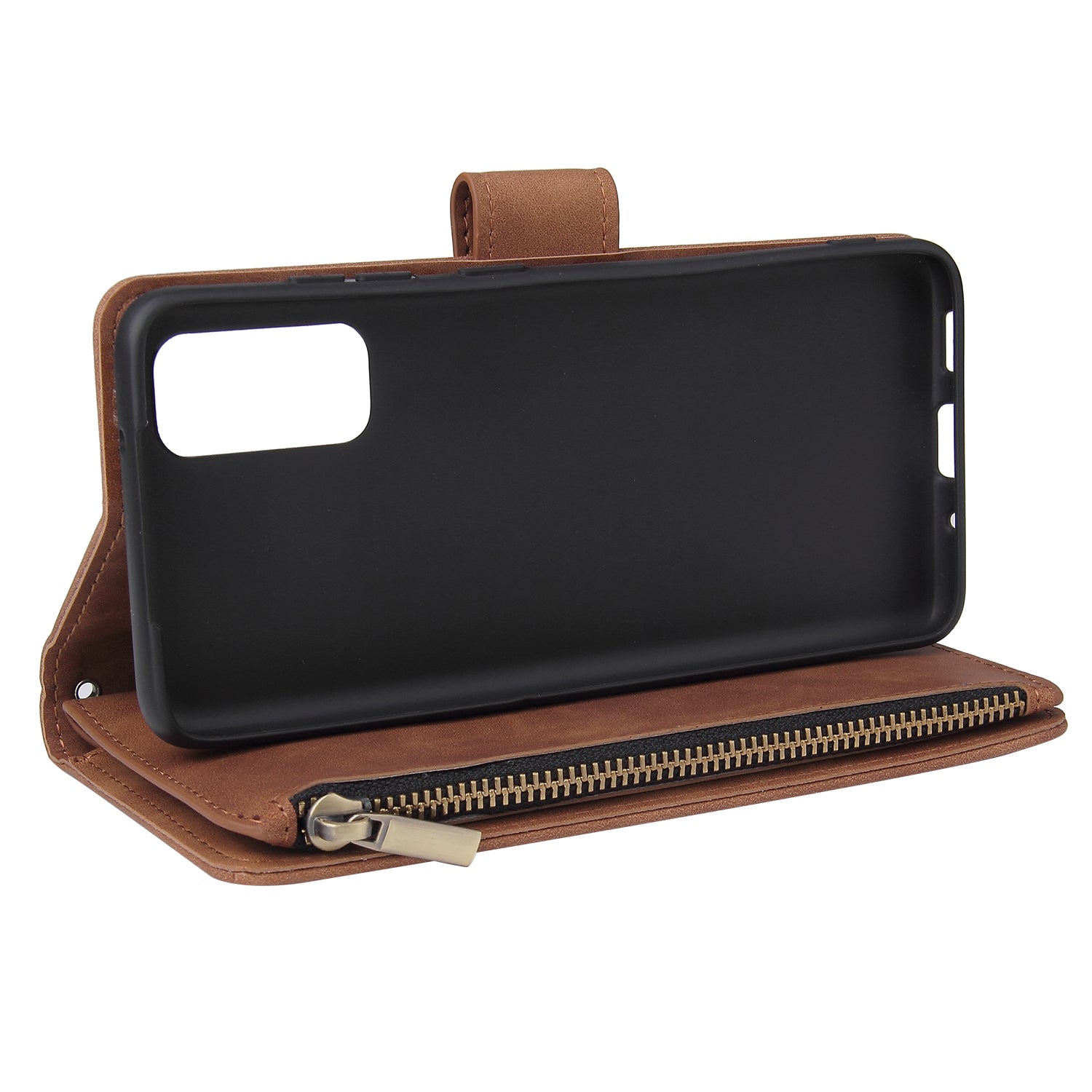 Zipper Pocket Multiple Card Slots Leather Stand Case for Samsung Galaxy S20 4G/S20 5G - Brown