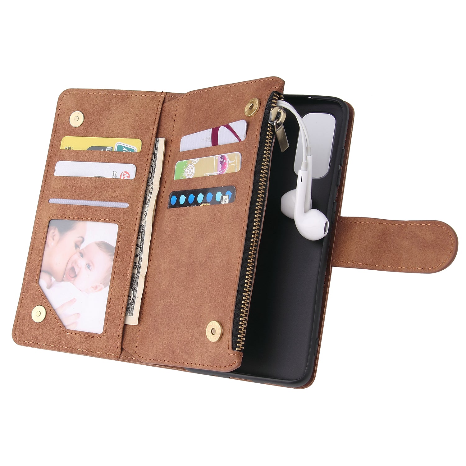 Zipper Pocket Multiple Card Slots Leather Stand Case for Samsung Galaxy S20 4G/S20 5G - Brown