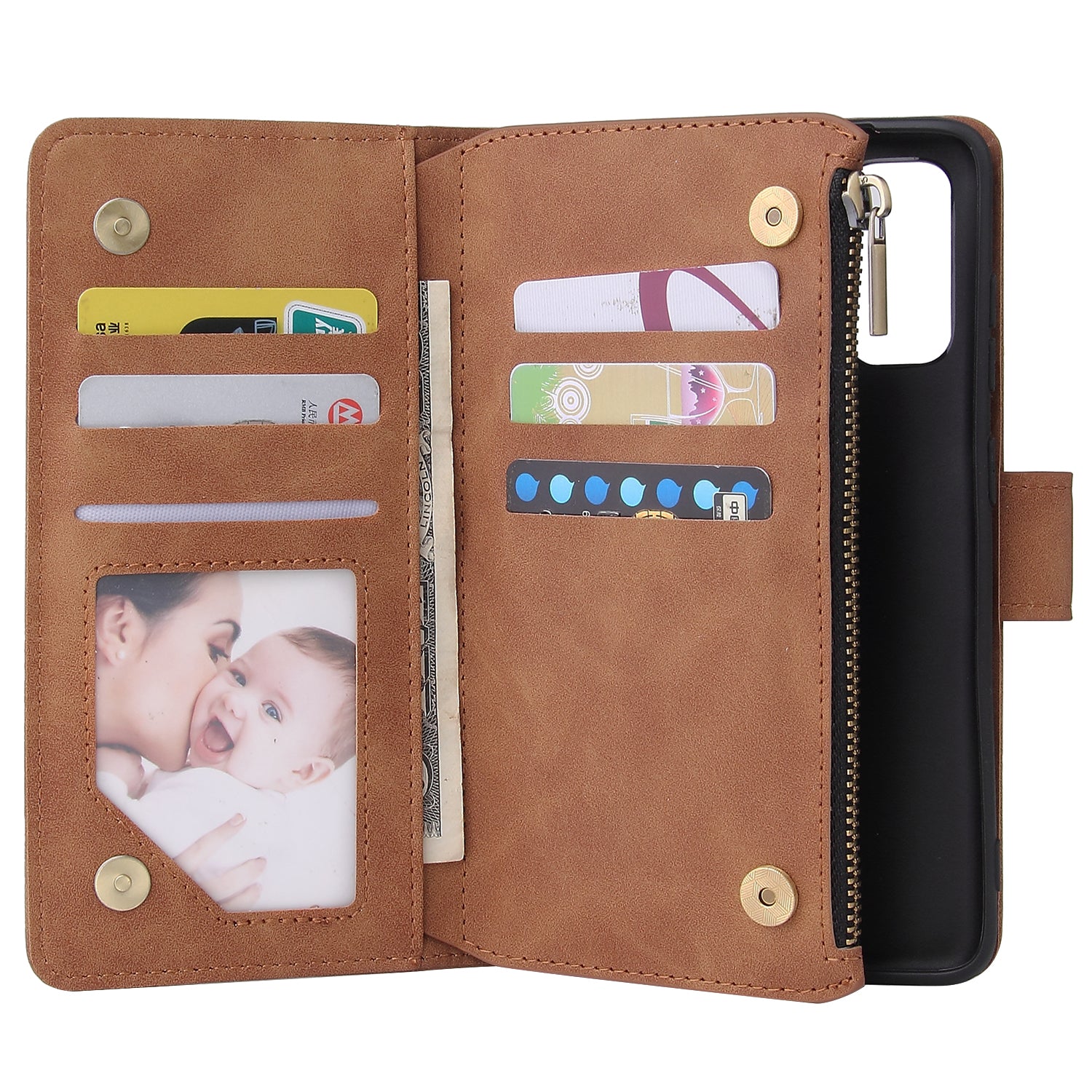 Zipper Pocket Multiple Card Slots Leather Stand Case for Samsung Galaxy S20 4G/S20 5G - Brown