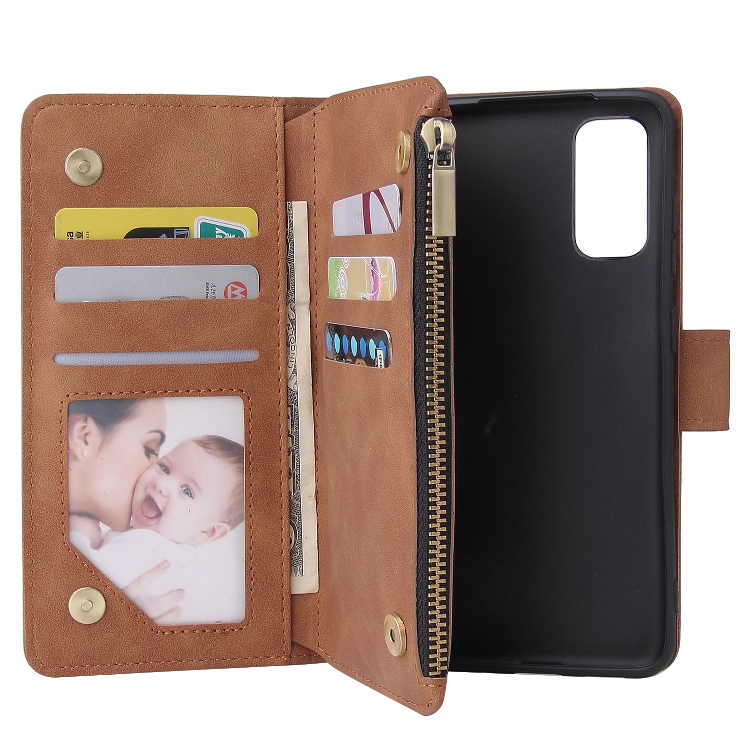 Zipper Pocket Multiple Card Slots Leather Stand Case for Samsung Galaxy S20 4G/S20 5G - Brown