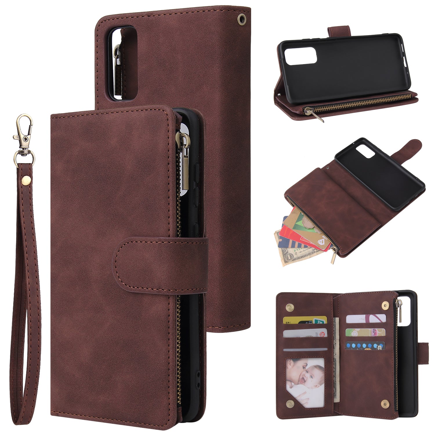 Zipper Pocket Multiple Card Slots Leather Stand Case for Samsung Galaxy S20 4G/S20 5G - Coffee