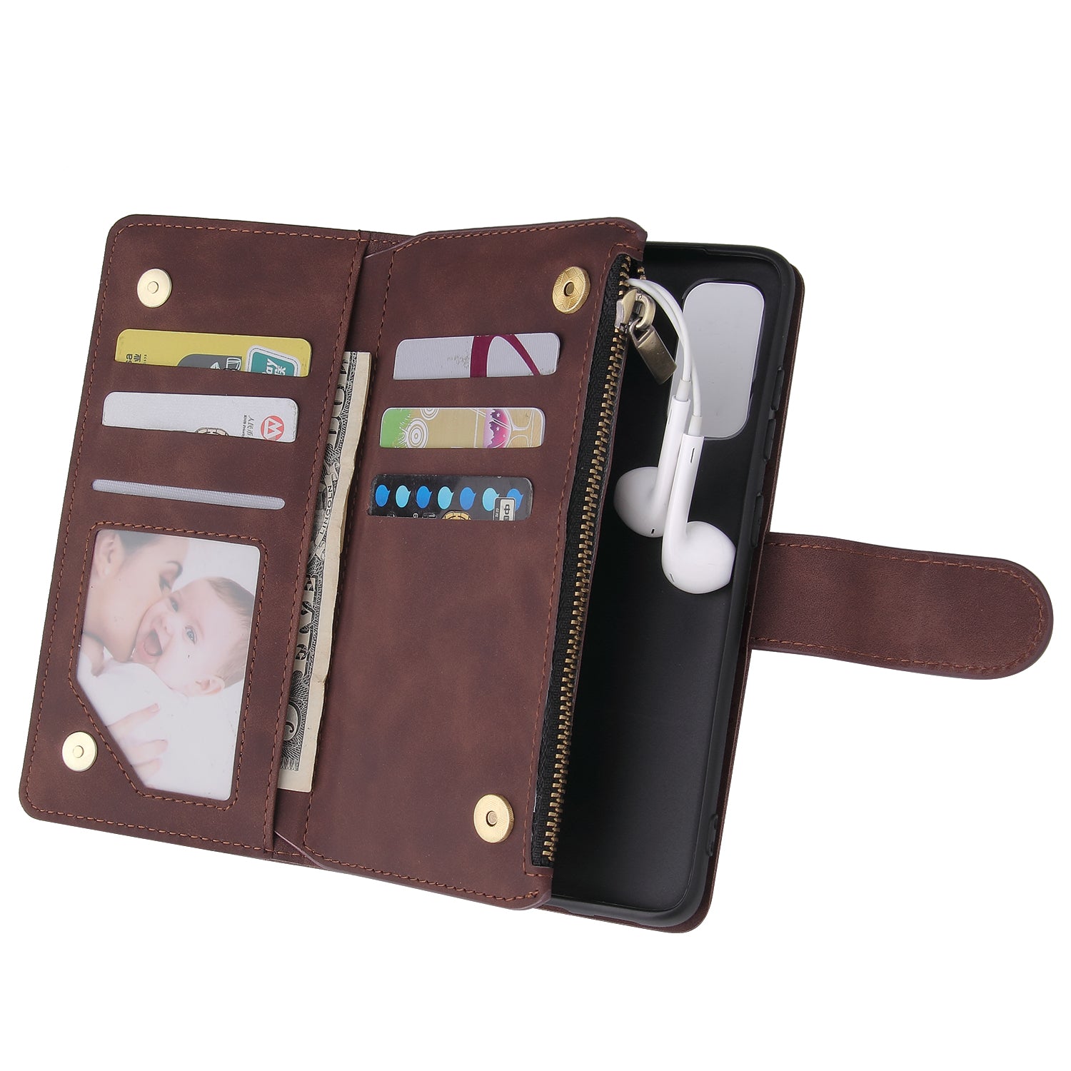 Zipper Pocket Multiple Card Slots Leather Stand Case for Samsung Galaxy S20 4G/S20 5G - Coffee