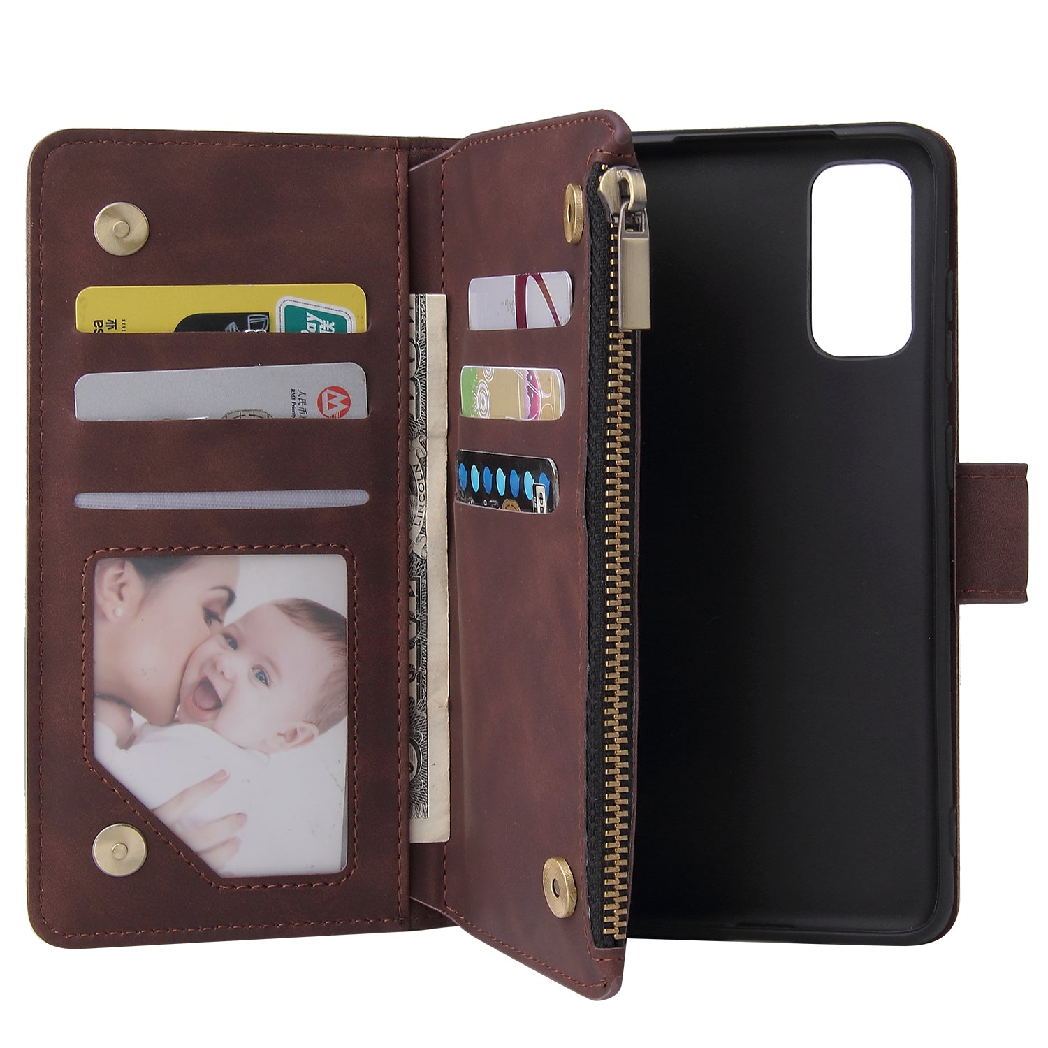 Zipper Pocket Multiple Card Slots Leather Stand Case for Samsung Galaxy S20 4G/S20 5G - Coffee