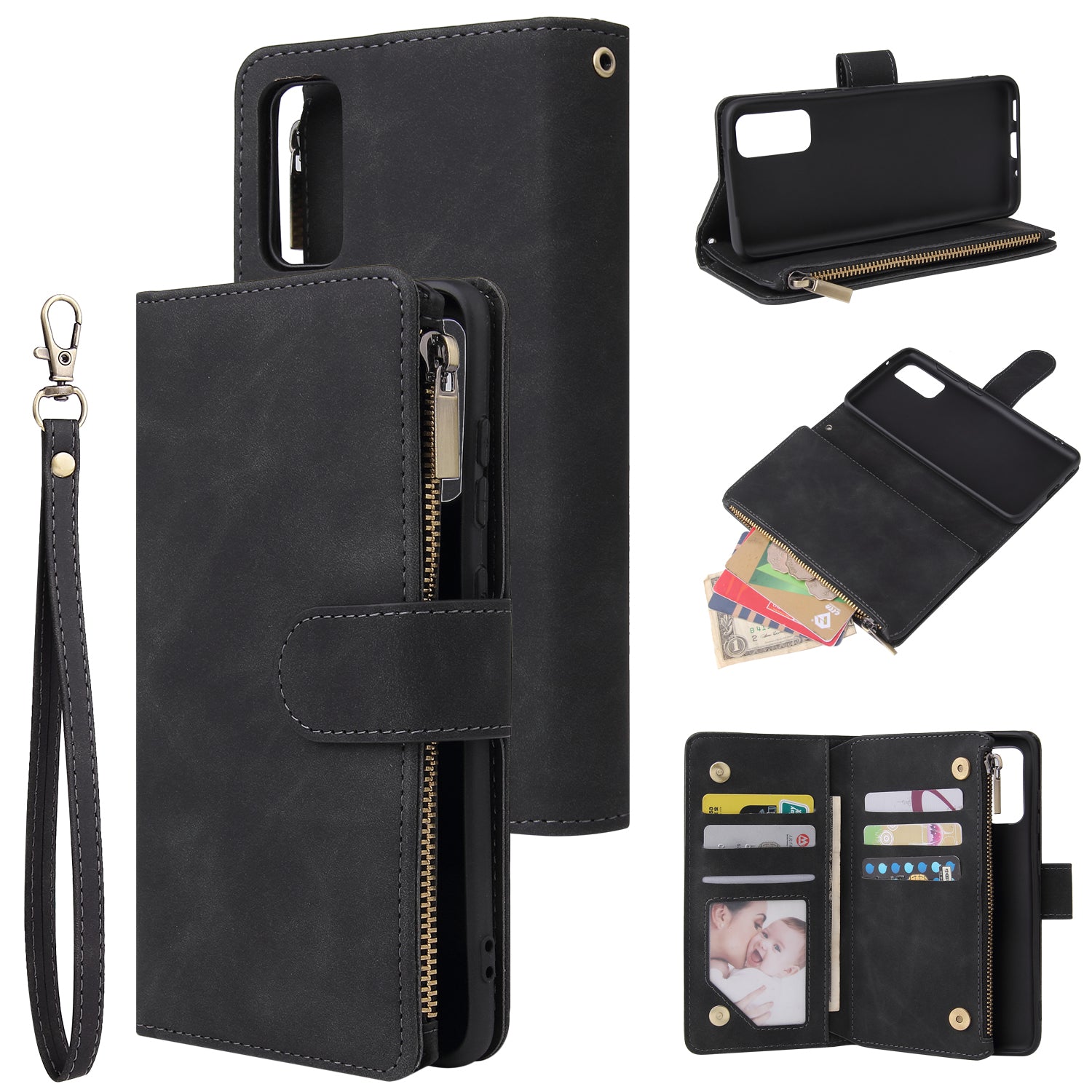 Zipper Pocket Multiple Card Slots Leather Stand Case for Samsung Galaxy S20 Plus / S20 Plus 5G - Black