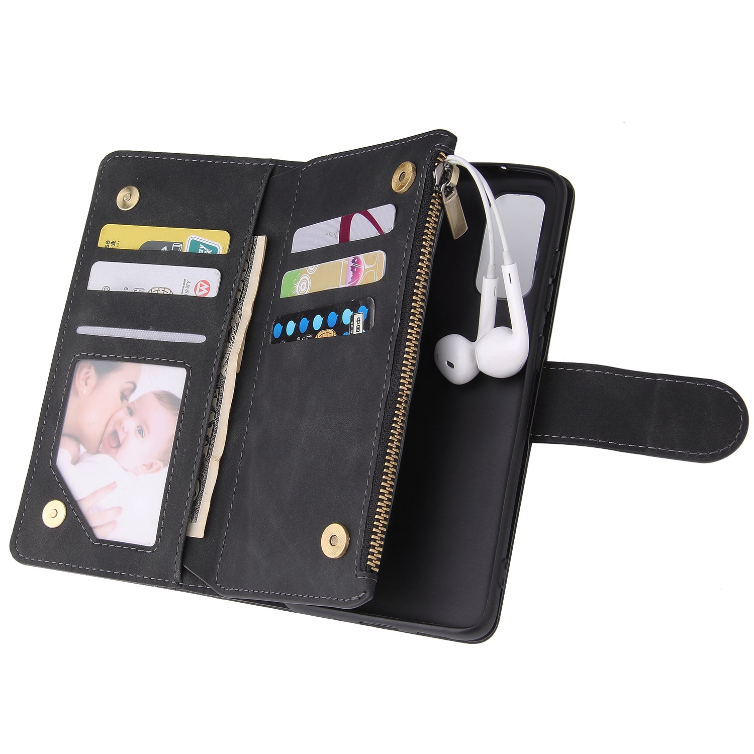 Zipper Pocket Multiple Card Slots Leather Stand Case for Samsung Galaxy S20 Plus / S20 Plus 5G - Black