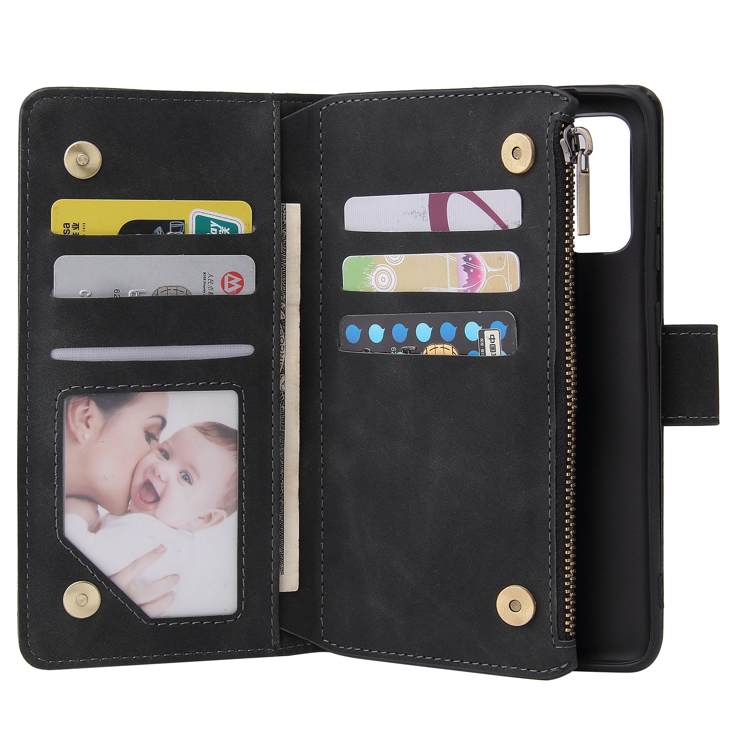 Zipper Pocket Multiple Card Slots Leather Stand Case for Samsung Galaxy S20 Plus / S20 Plus 5G - Black