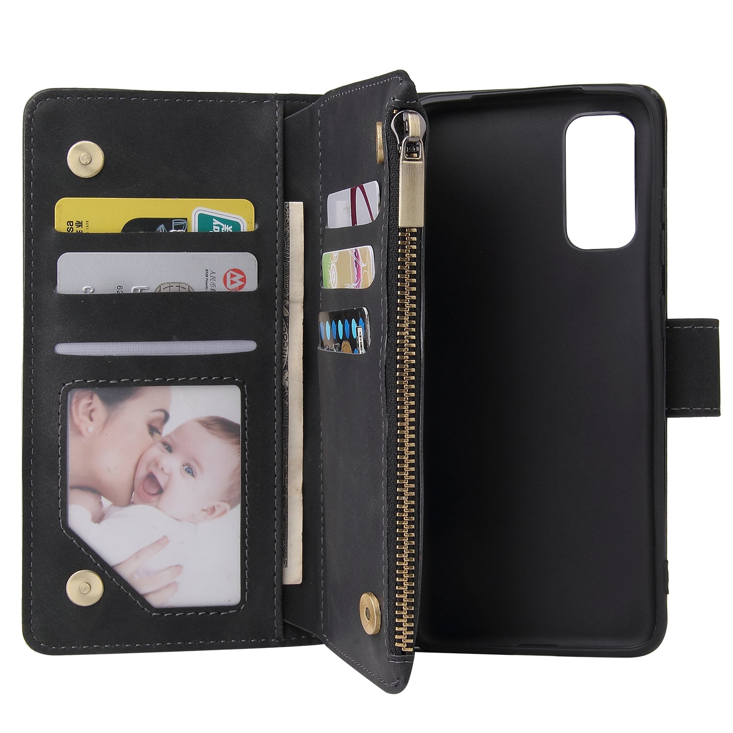 Zipper Pocket Multiple Card Slots Leather Stand Case for Samsung Galaxy S20 Plus / S20 Plus 5G - Black