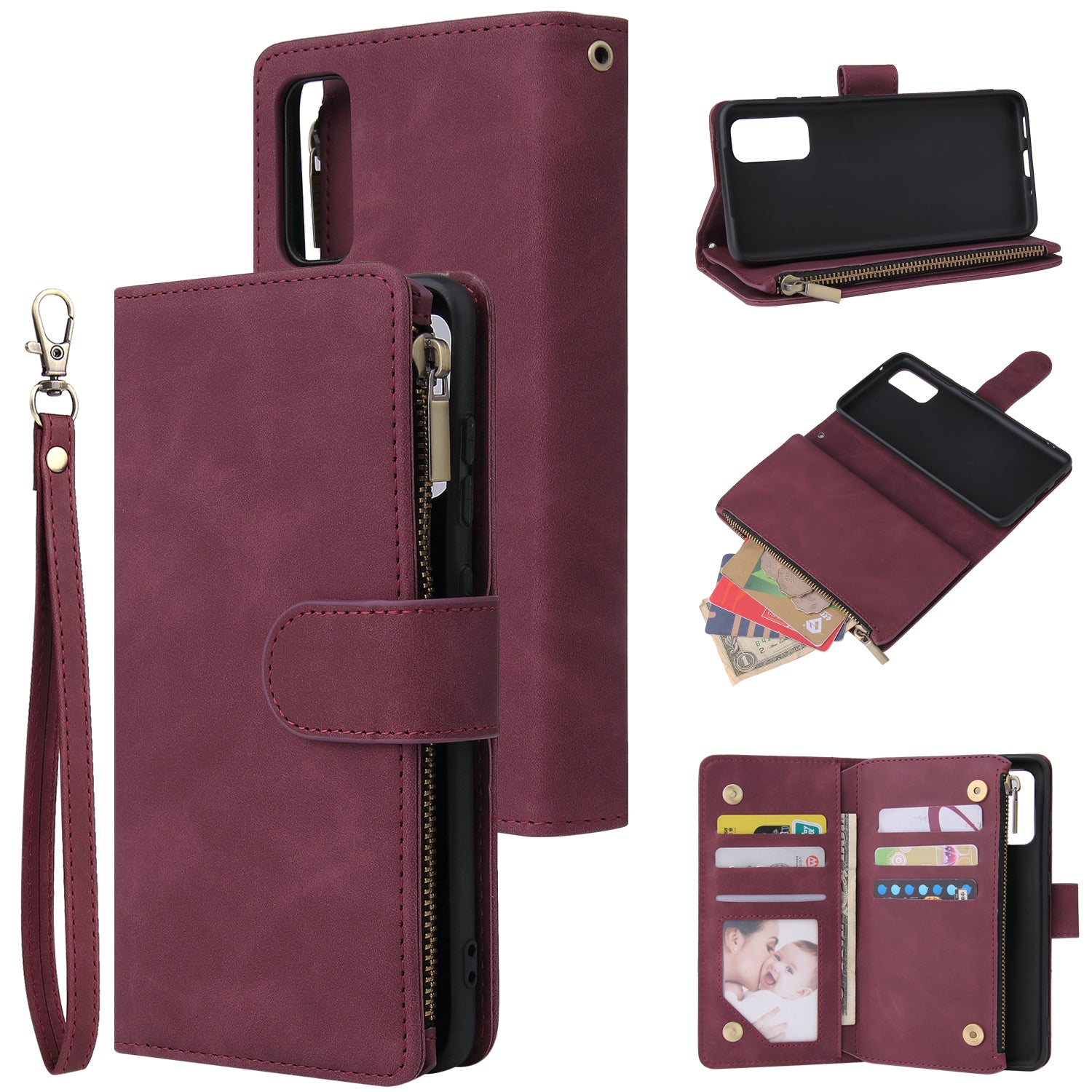 Zipper Pocket Multiple Card Slots Leather Stand Case for Samsung Galaxy S20 Plus / S20 Plus 5G - Red