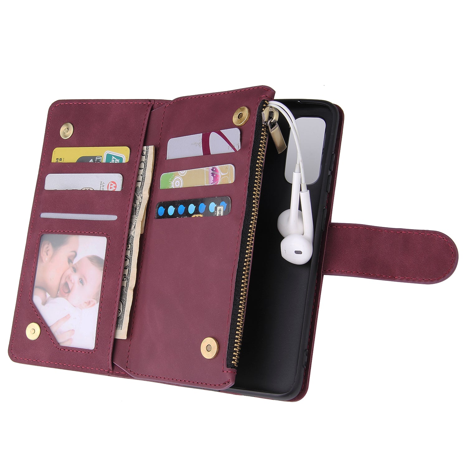 Zipper Pocket Multiple Card Slots Leather Stand Case for Samsung Galaxy S20 Plus / S20 Plus 5G - Red