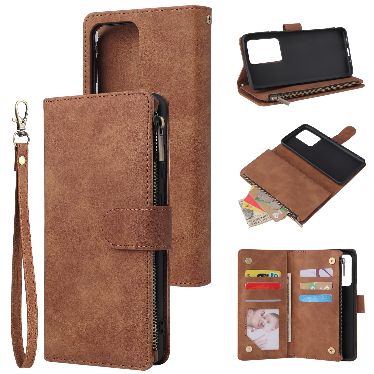 Zipper Pocket Multiple Card Slots Leather Stand Case for Samsung Galaxy S20 Ultra - Brown