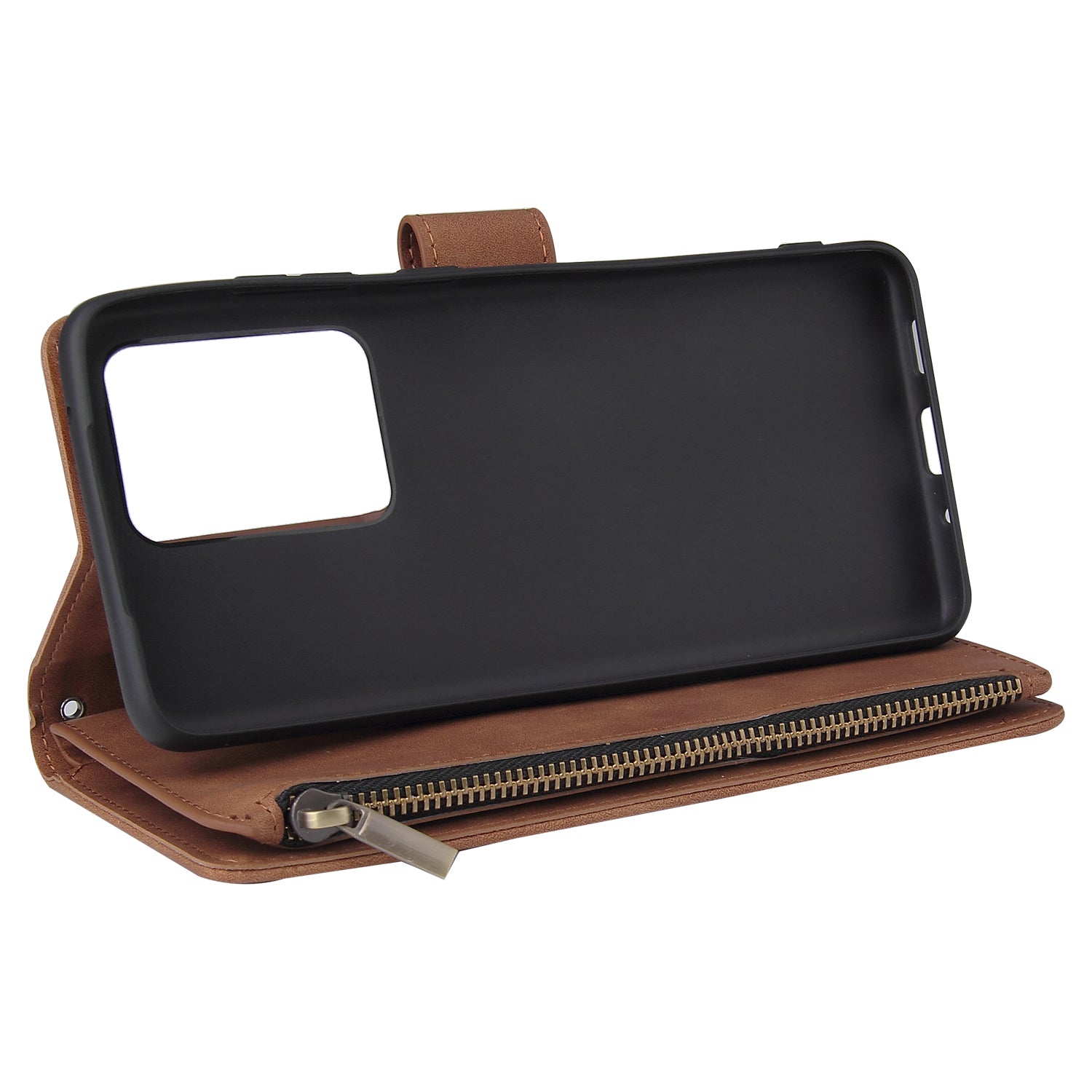 Zipper Pocket Multiple Card Slots Leather Stand Case for Samsung Galaxy S20 Ultra - Brown