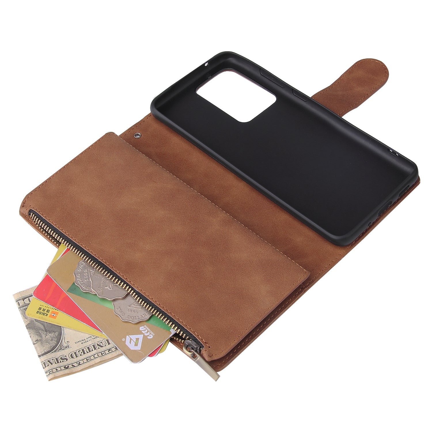 Zipper Pocket Multiple Card Slots Leather Stand Case for Samsung Galaxy S20 Ultra - Brown