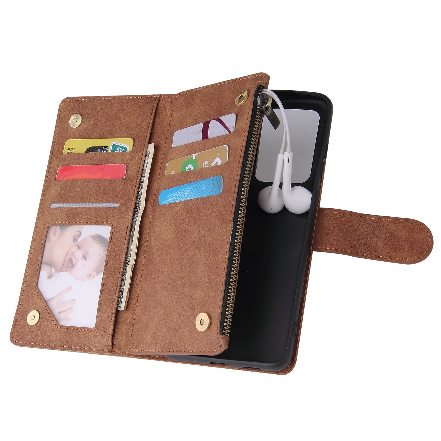 Zipper Pocket Multiple Card Slots Leather Stand Case for Samsung Galaxy S20 Ultra - Brown