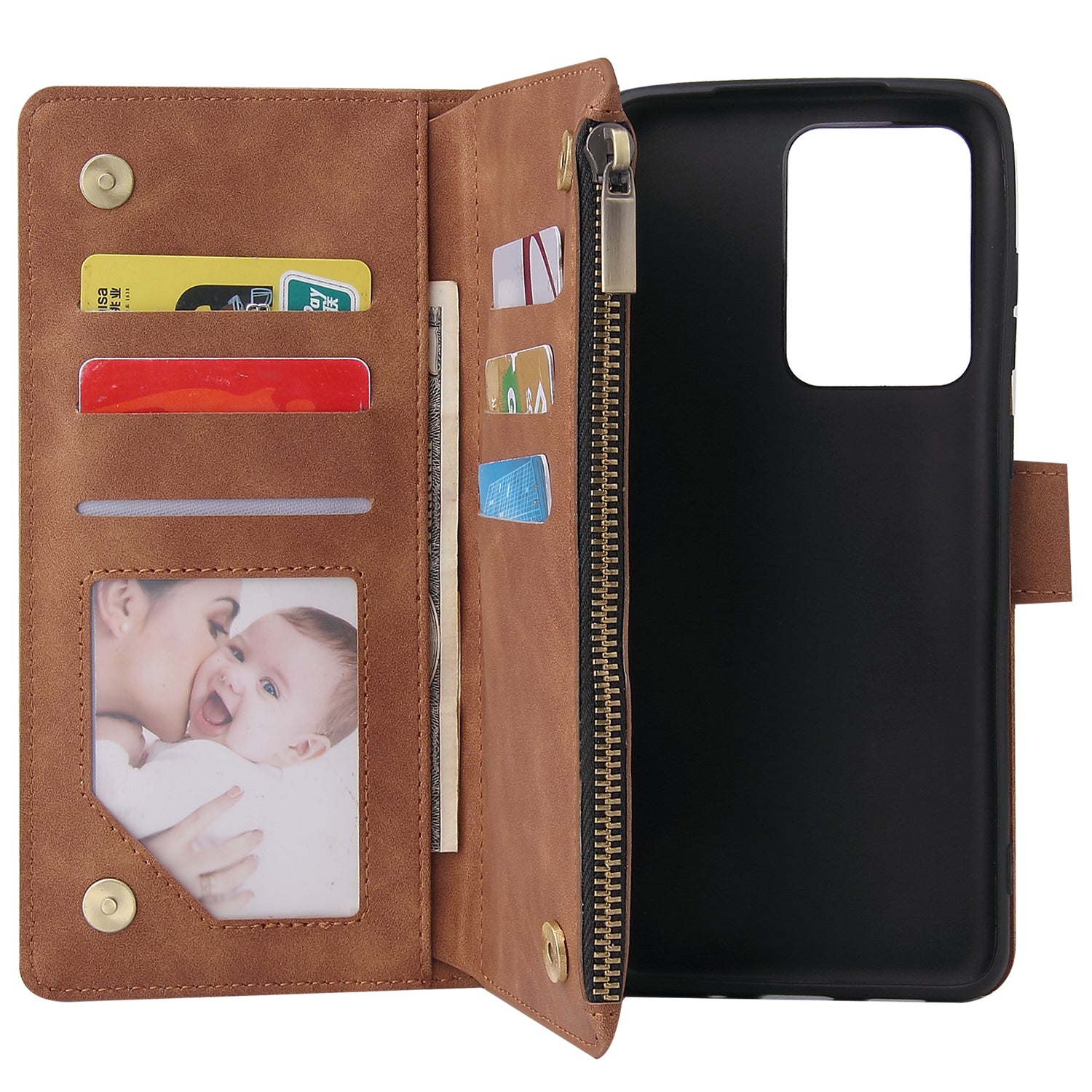 Zipper Pocket Multiple Card Slots Leather Stand Case for Samsung Galaxy S20 Ultra - Brown